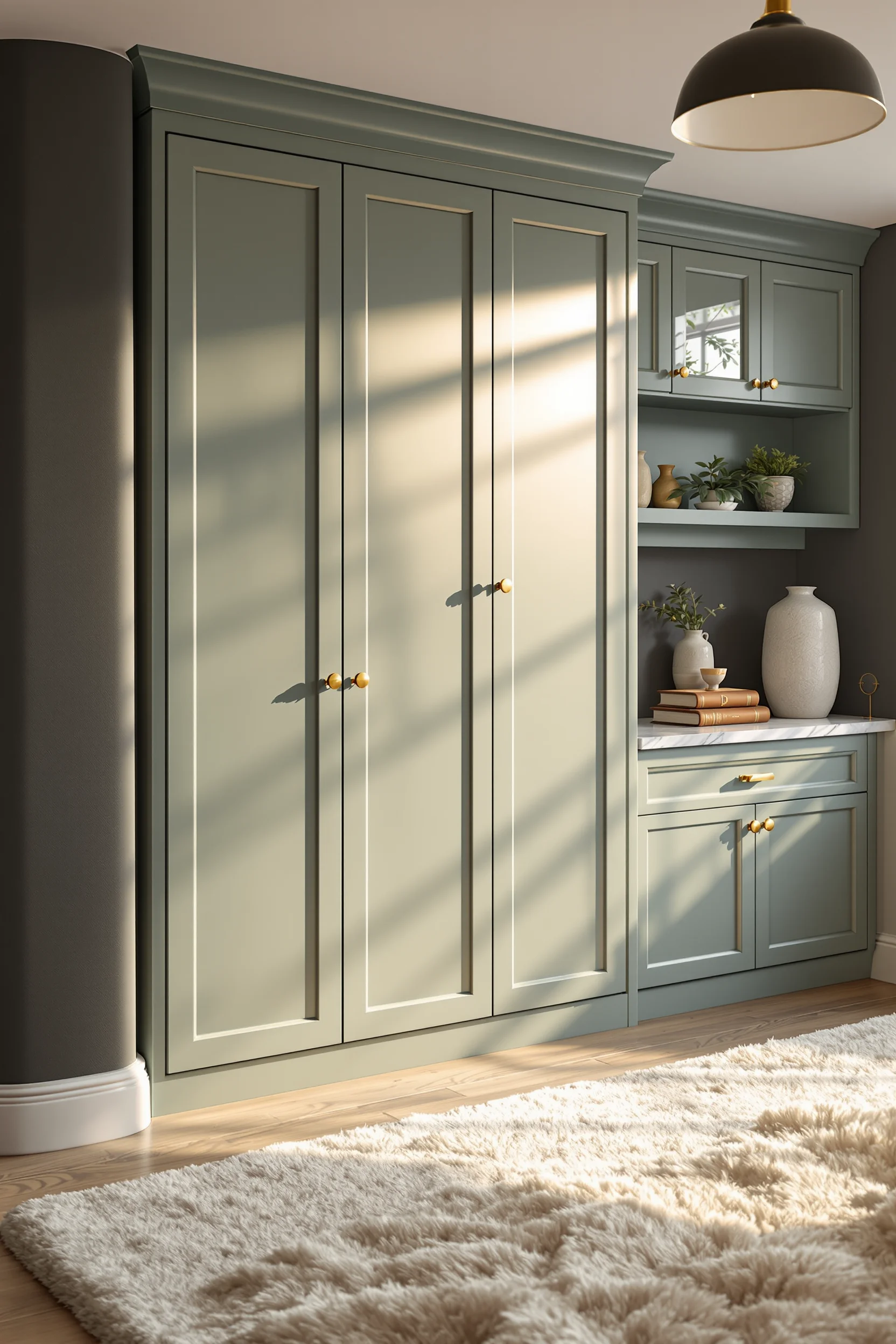 sage green basement aesthetics with textured linen panels and golden hour sunlight streaming through window opening