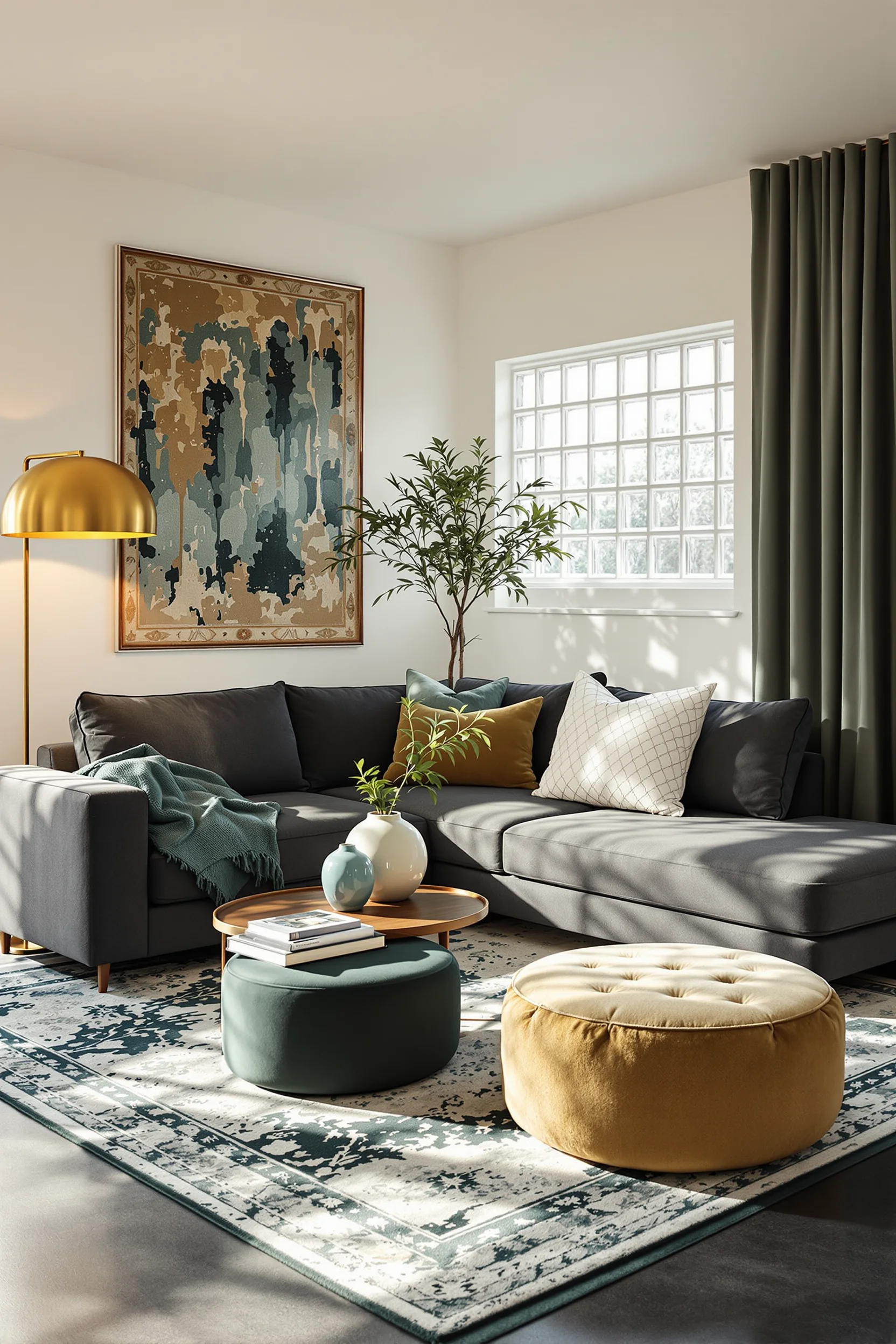 sage green basement bar aesthetics displaying polished concrete floors cream shiplap walls and velvet seating in entertainment area