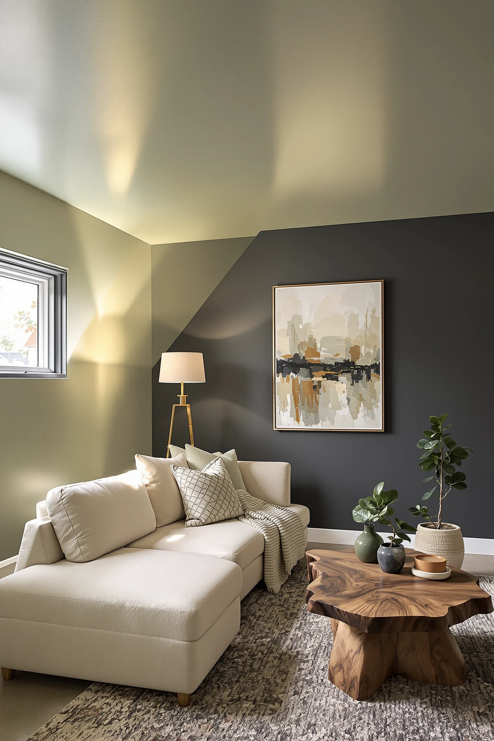 sage green basement bedroom aesthetics featuring warm lit ceiling surface with textured throw blanket and potted fiddle fig