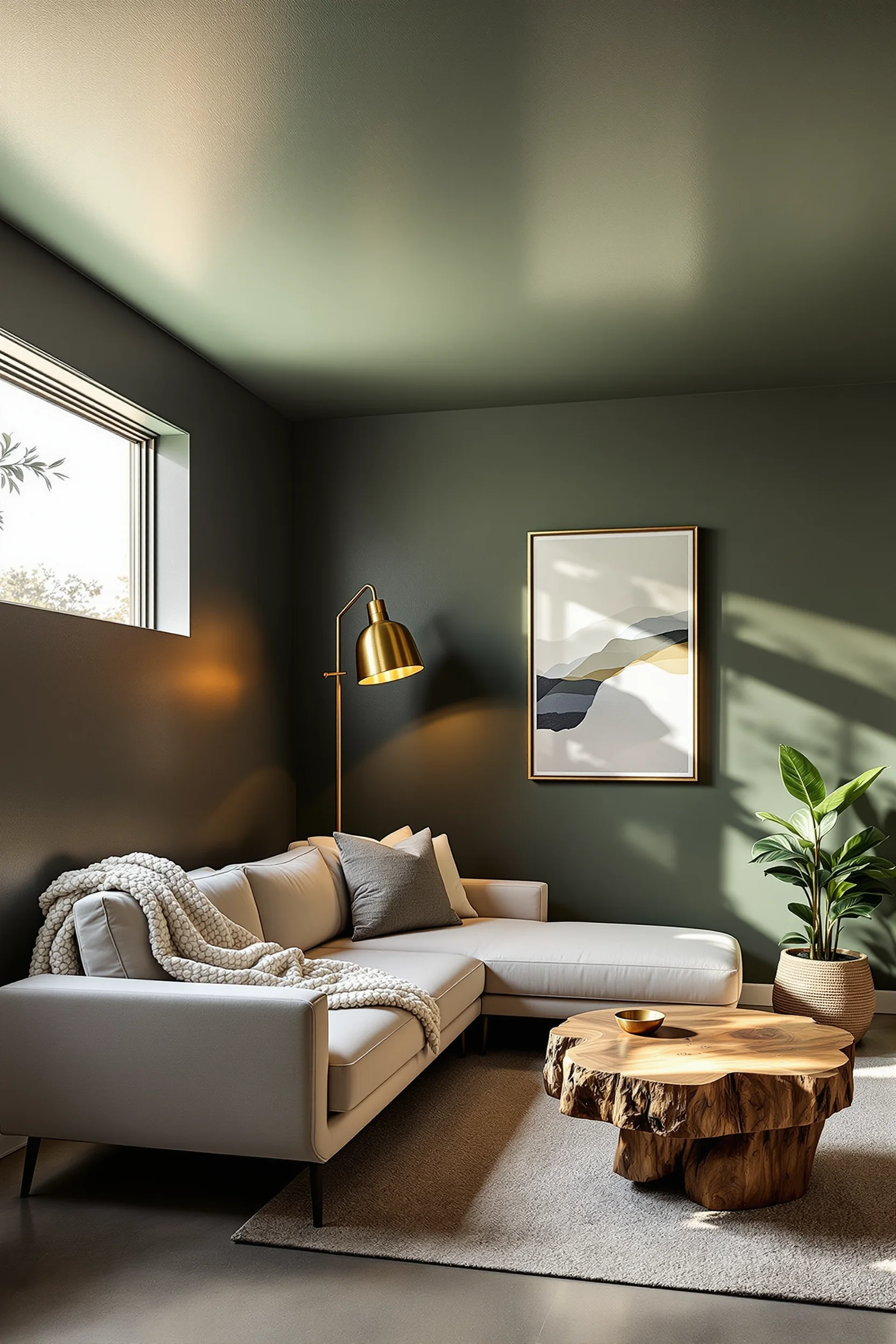 sage green basement bedroom designs showing luminous ceiling treatment with cream sectional and brass floor lamp creating ambiance