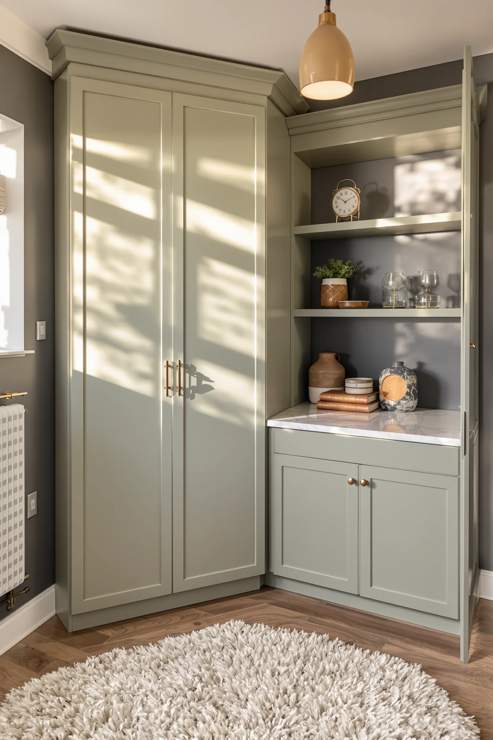 sage green basement designs showing charcoal accent wall with cream area rug and custom built in shelving