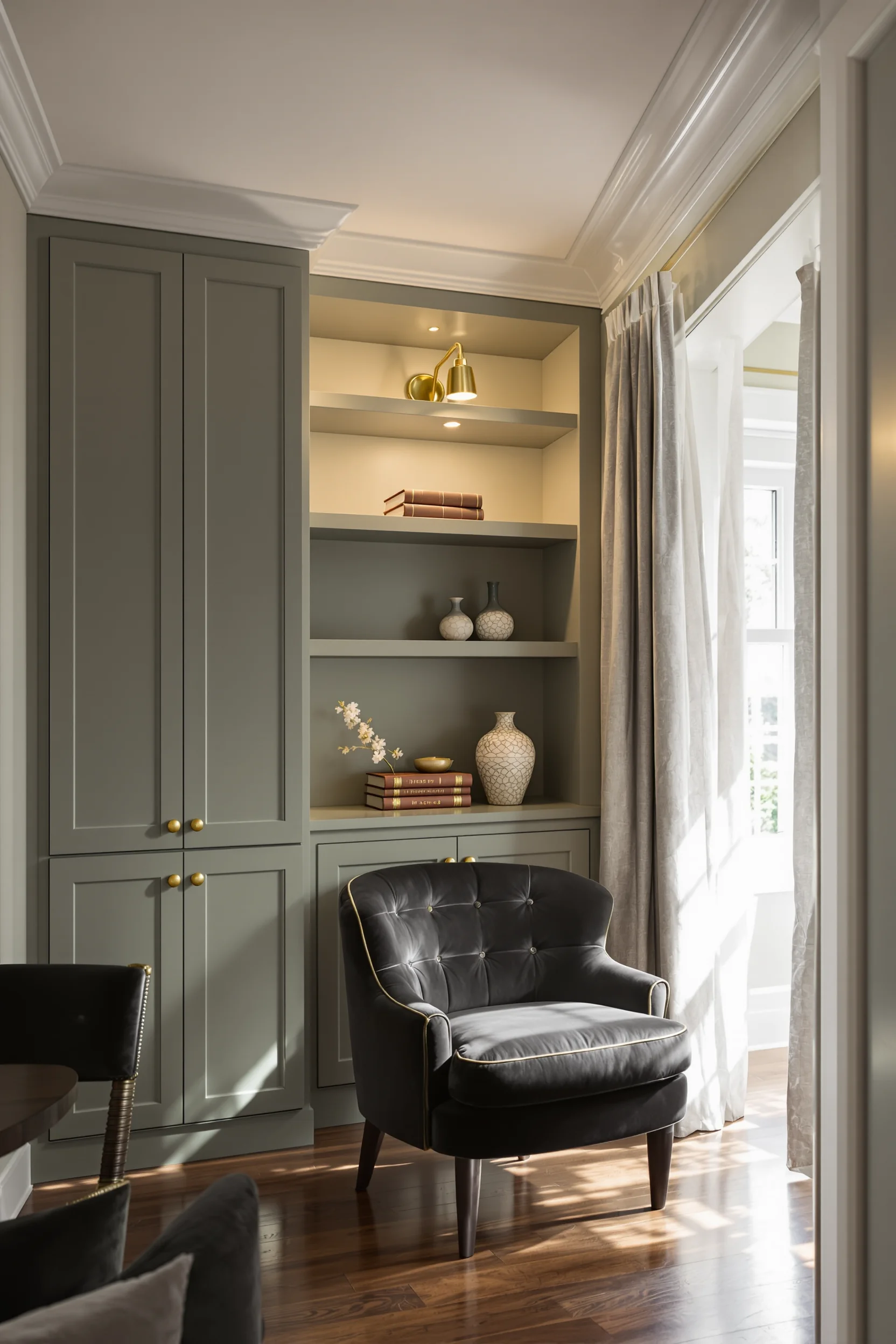 sage green basement designs showing elegant shelving unit with brass lighting and charcoal velvet armchair in corner