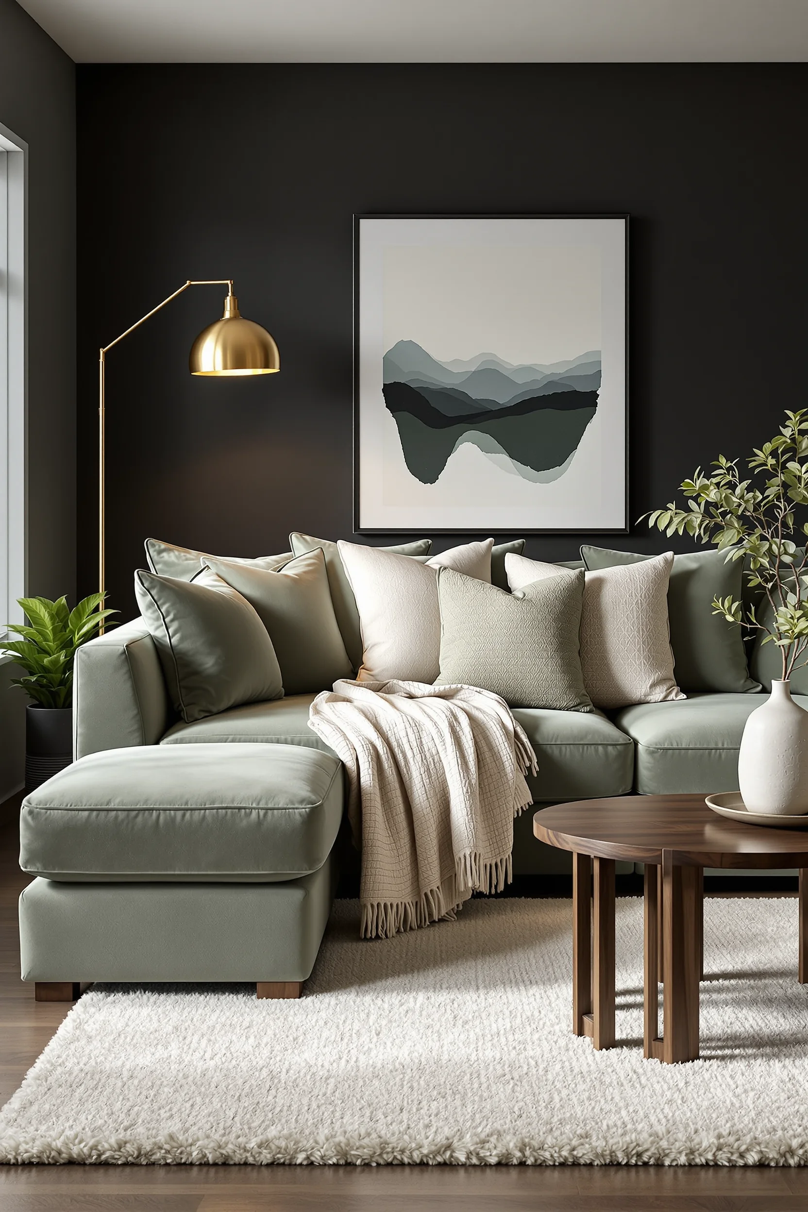 sage green basement family room aesthetics highlighting tonal green pattern textiles with matte black frames and golden ambient glow