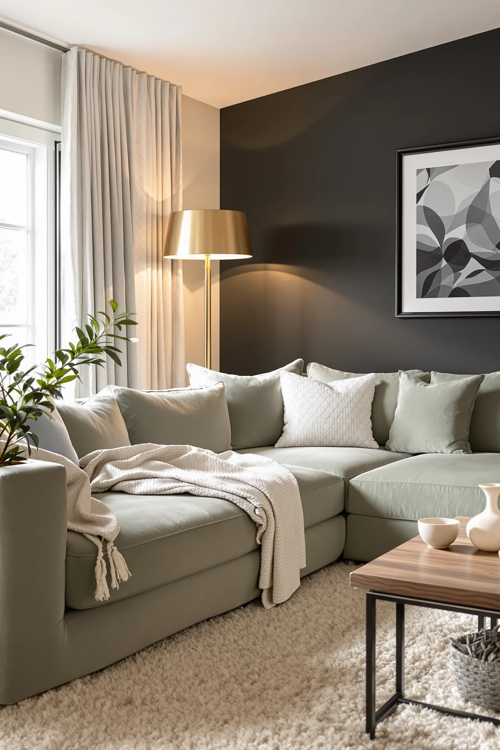 sage green basement family room designs showing charcoal accent wall with walnut coffee table and cream area rug