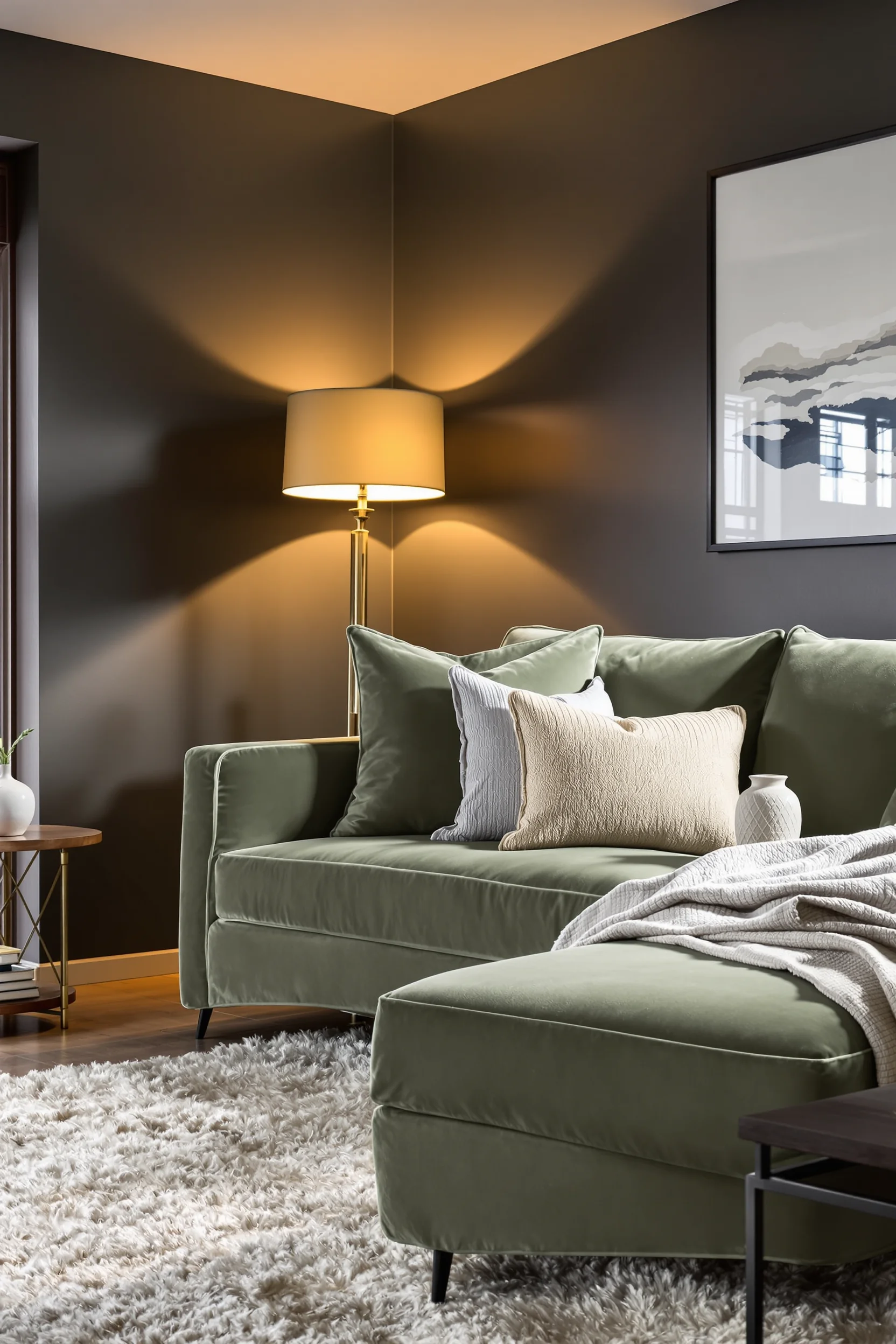 sage green basement family room ideas featuring oversized velvet sofa with textured cushions and warm brass lighting