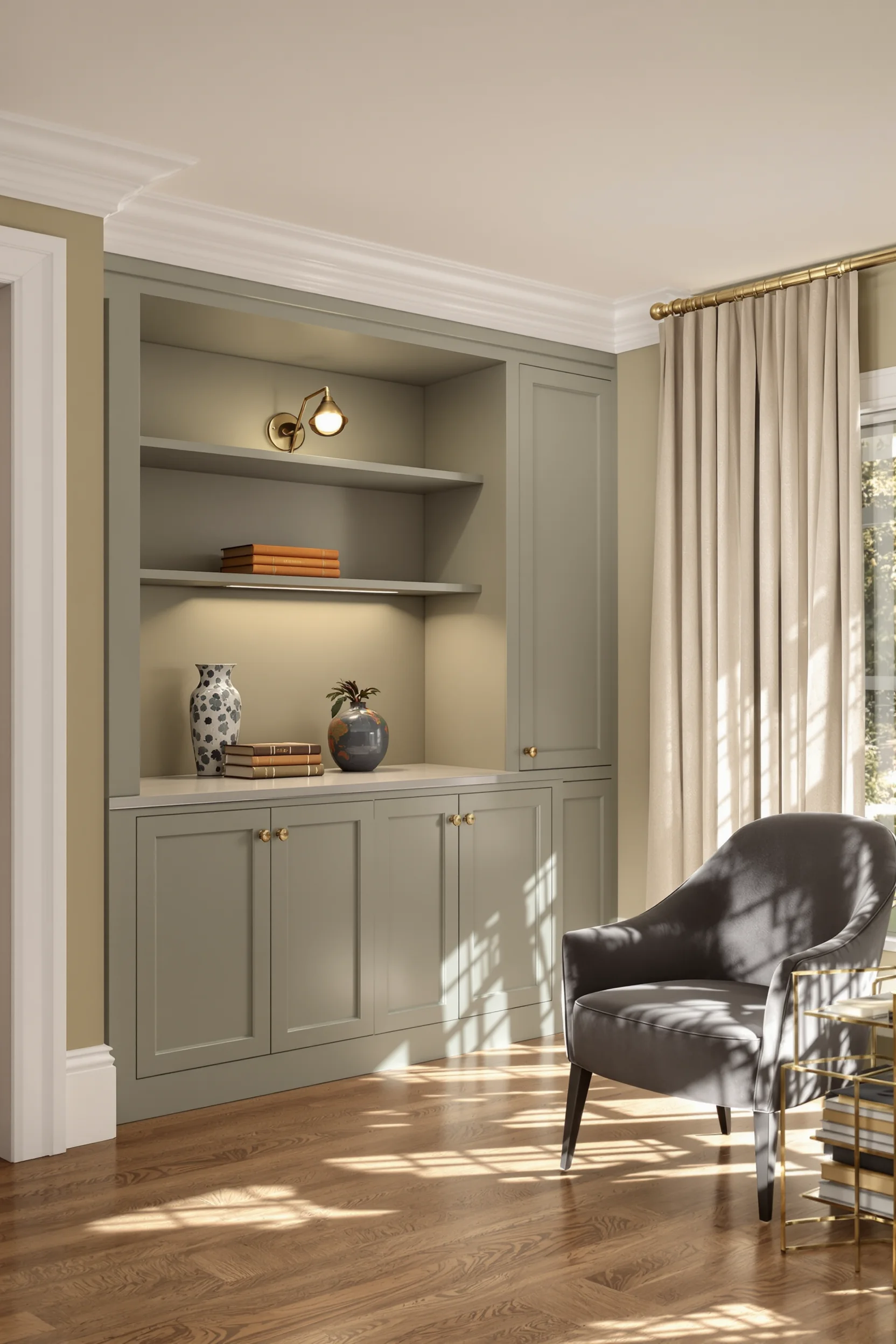 sage green basement ideas featuring built in floor to ceiling shelving with white crown molding and walnut hardwood floors