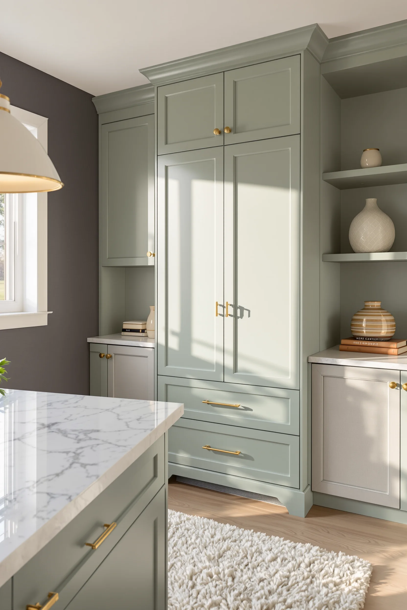 sage green basement ideas featuring floor to ceiling storage cabinet with white marble countertop and brass hardware details