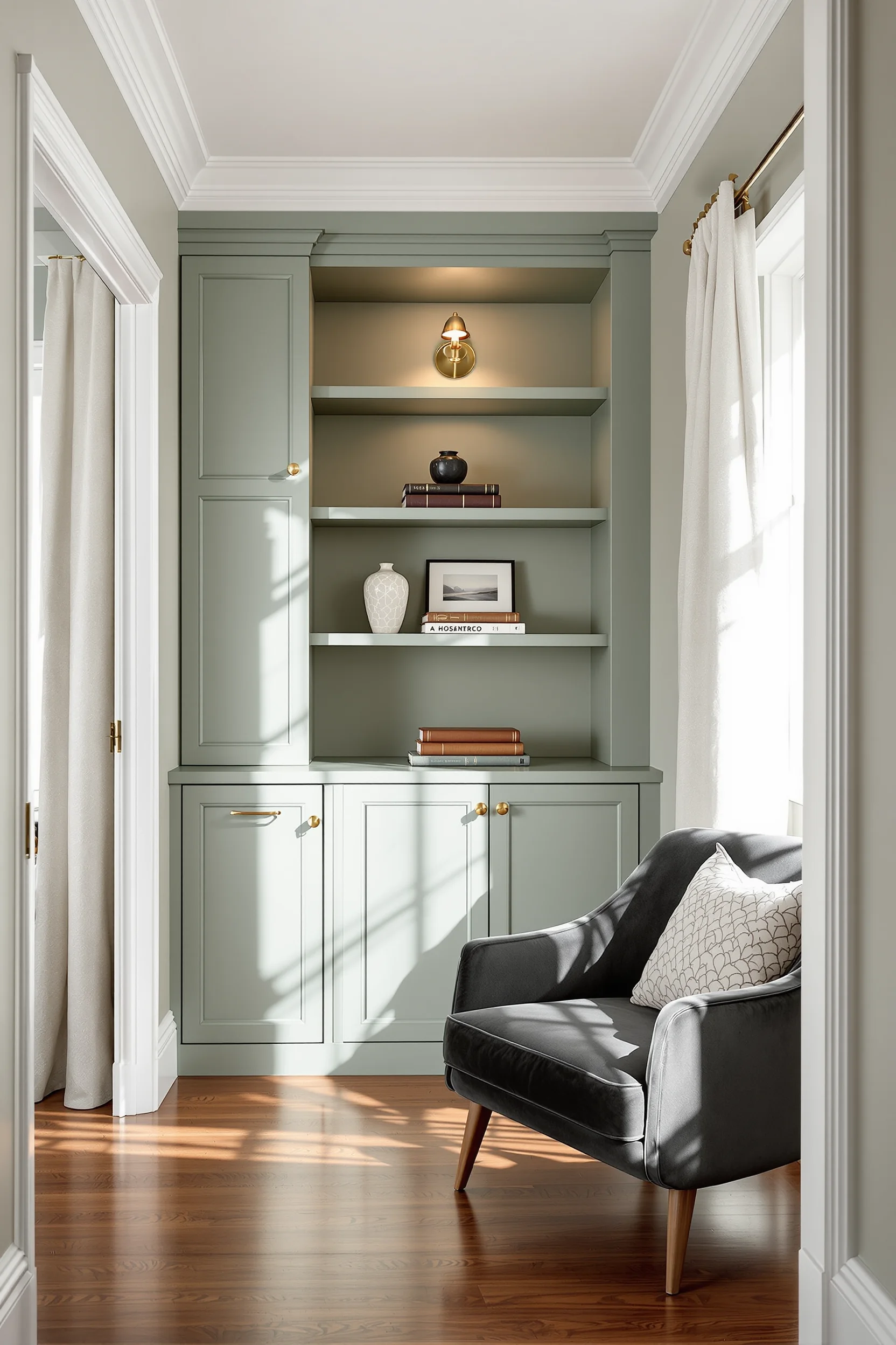 sage green basement inspiration with organized shelving display leather bound books and morning sunlight streaming through window