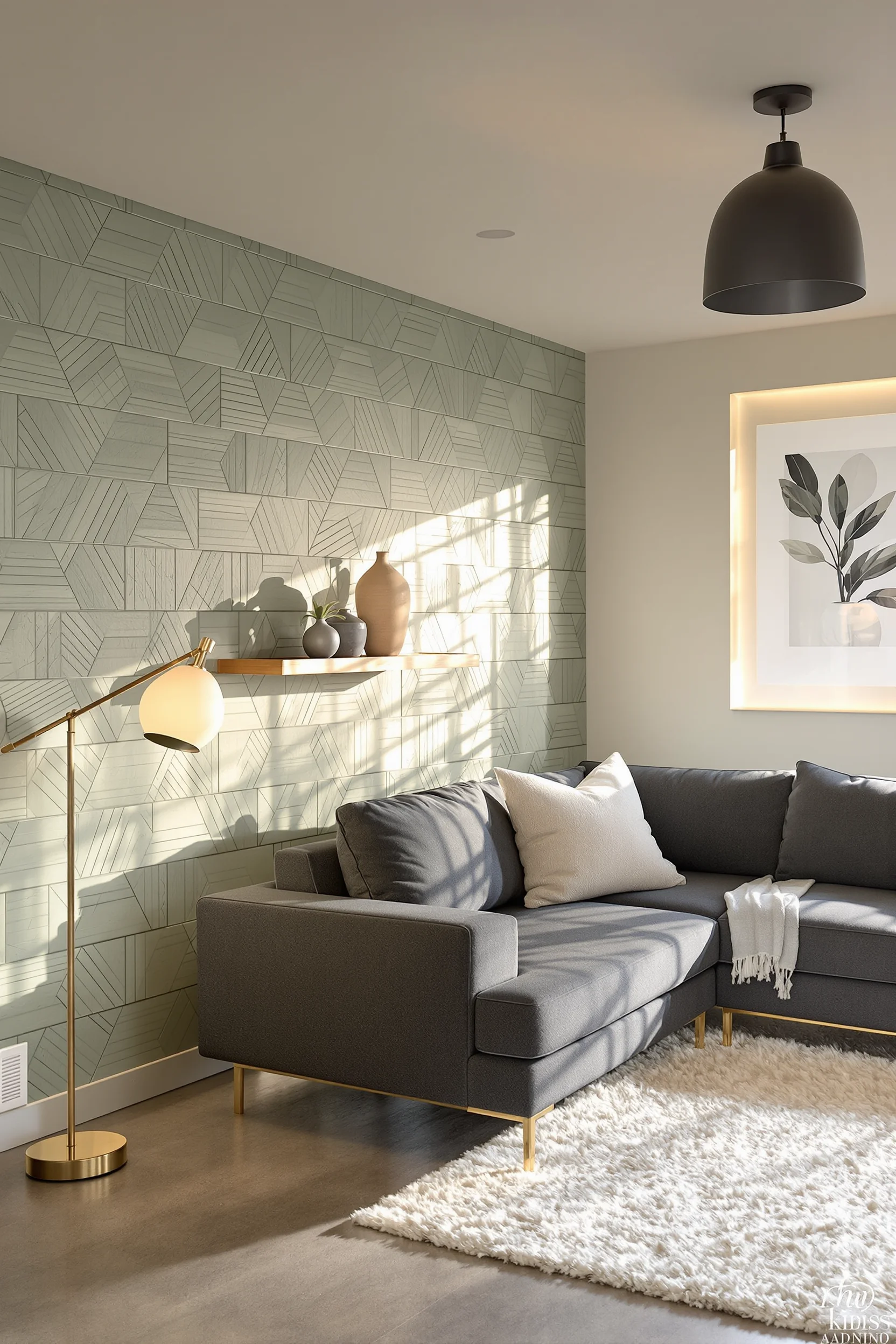 sage green basement remodel inspiration displaying modern pendant light with concrete flooring and metal frame artwork