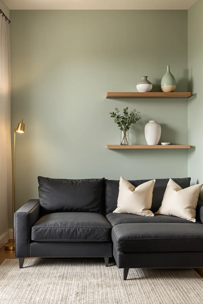 sage green cozy basement aesthetics presenting matte wall finish with ceramic vase and layered warm tones