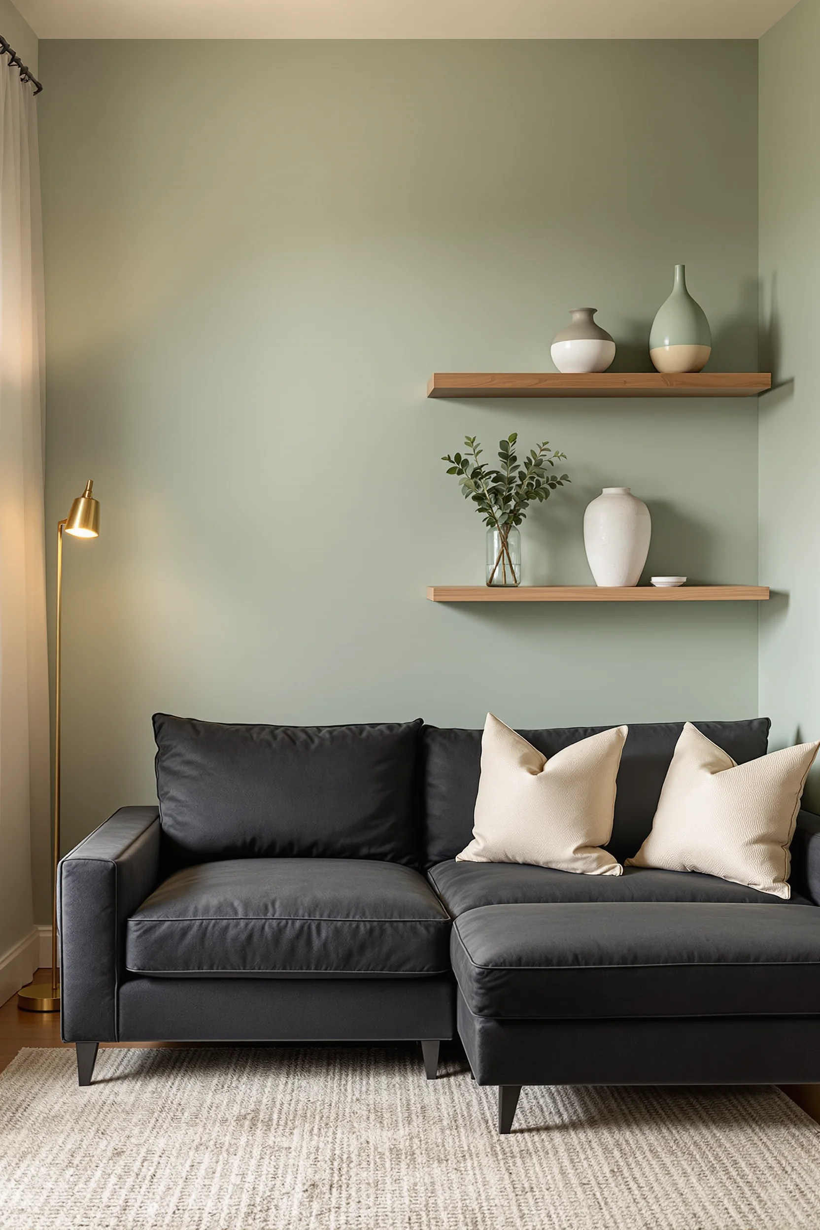 sage green cozy basement aesthetics presenting matte wall finish with ceramic vase and layered warm tones