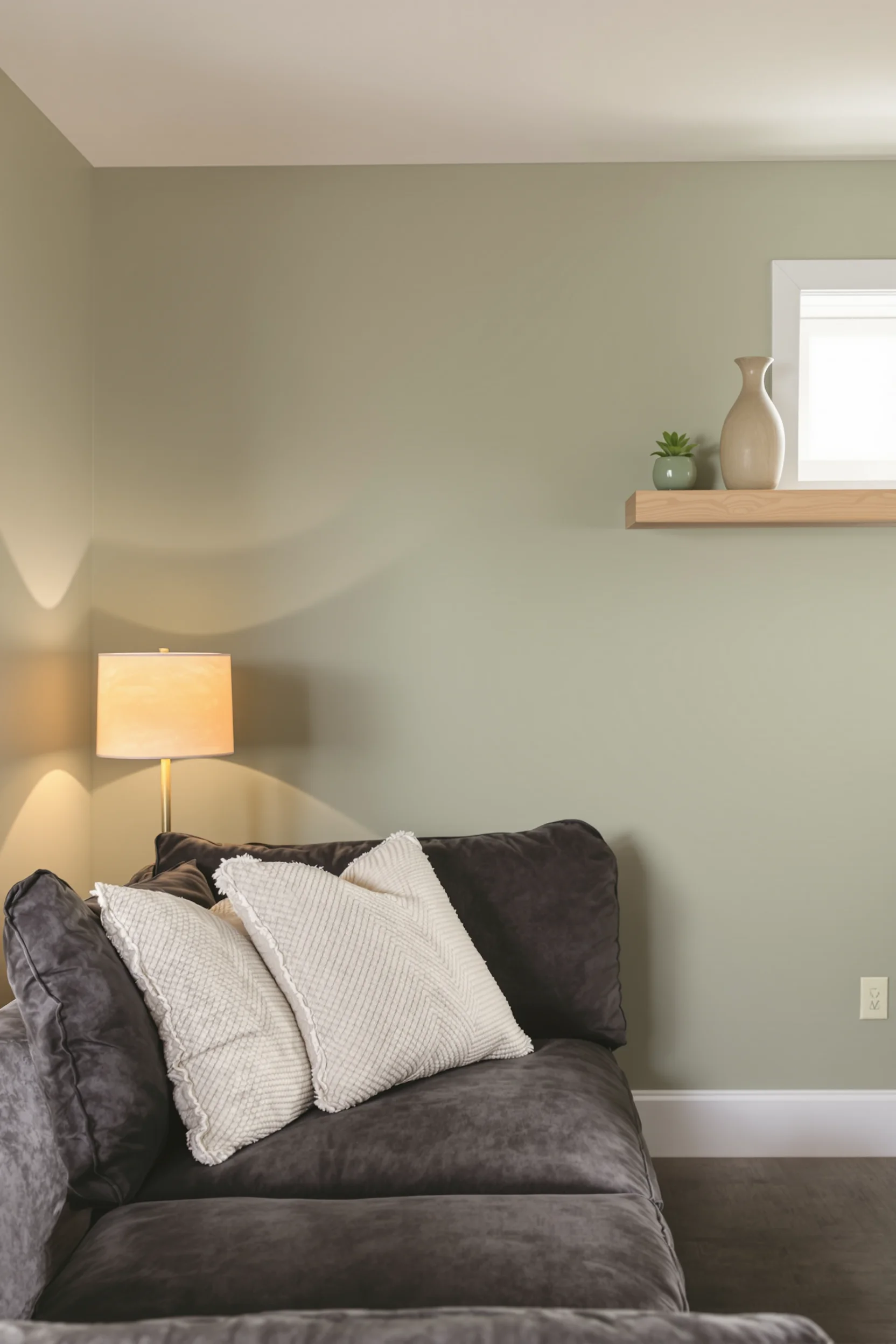 sage green cozy basement designs showing statement wall with cream pillows and oak floating shelf decor
