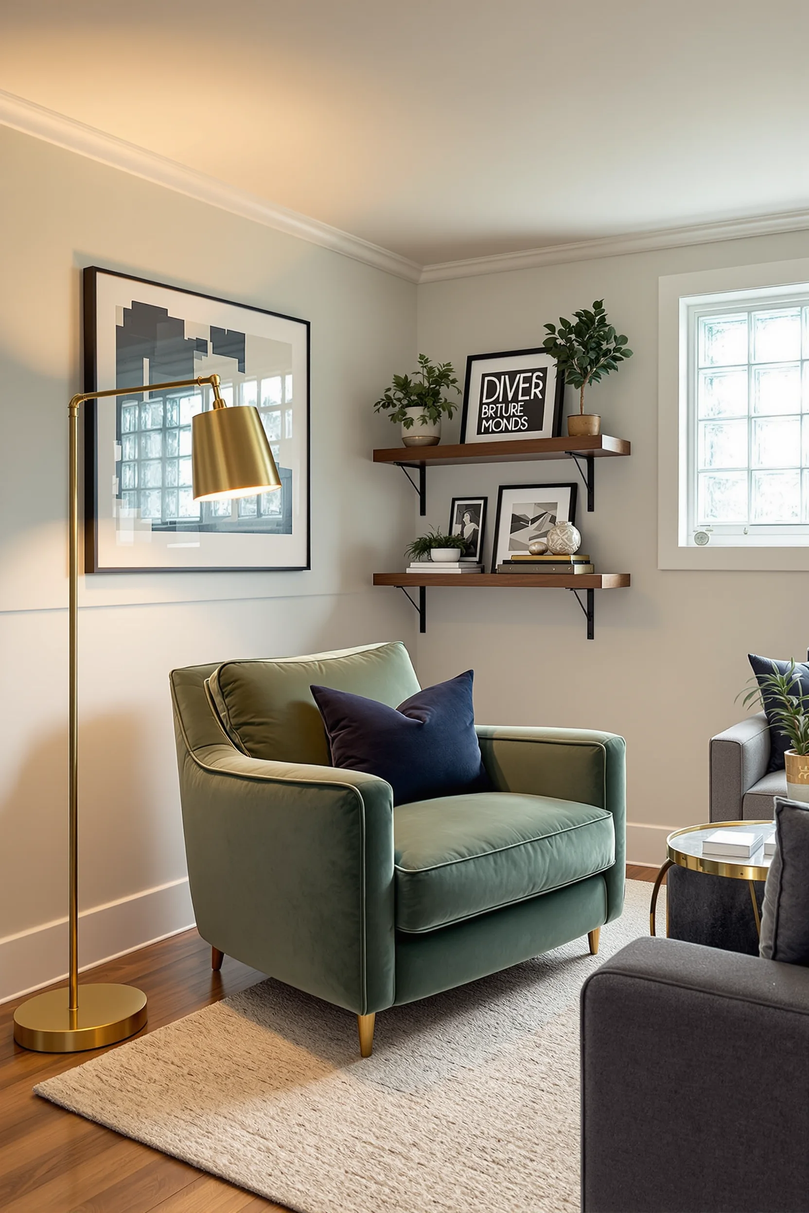 sage green finished basement aesthetics displaying marble side table frosted glass window and layered ambient lighting