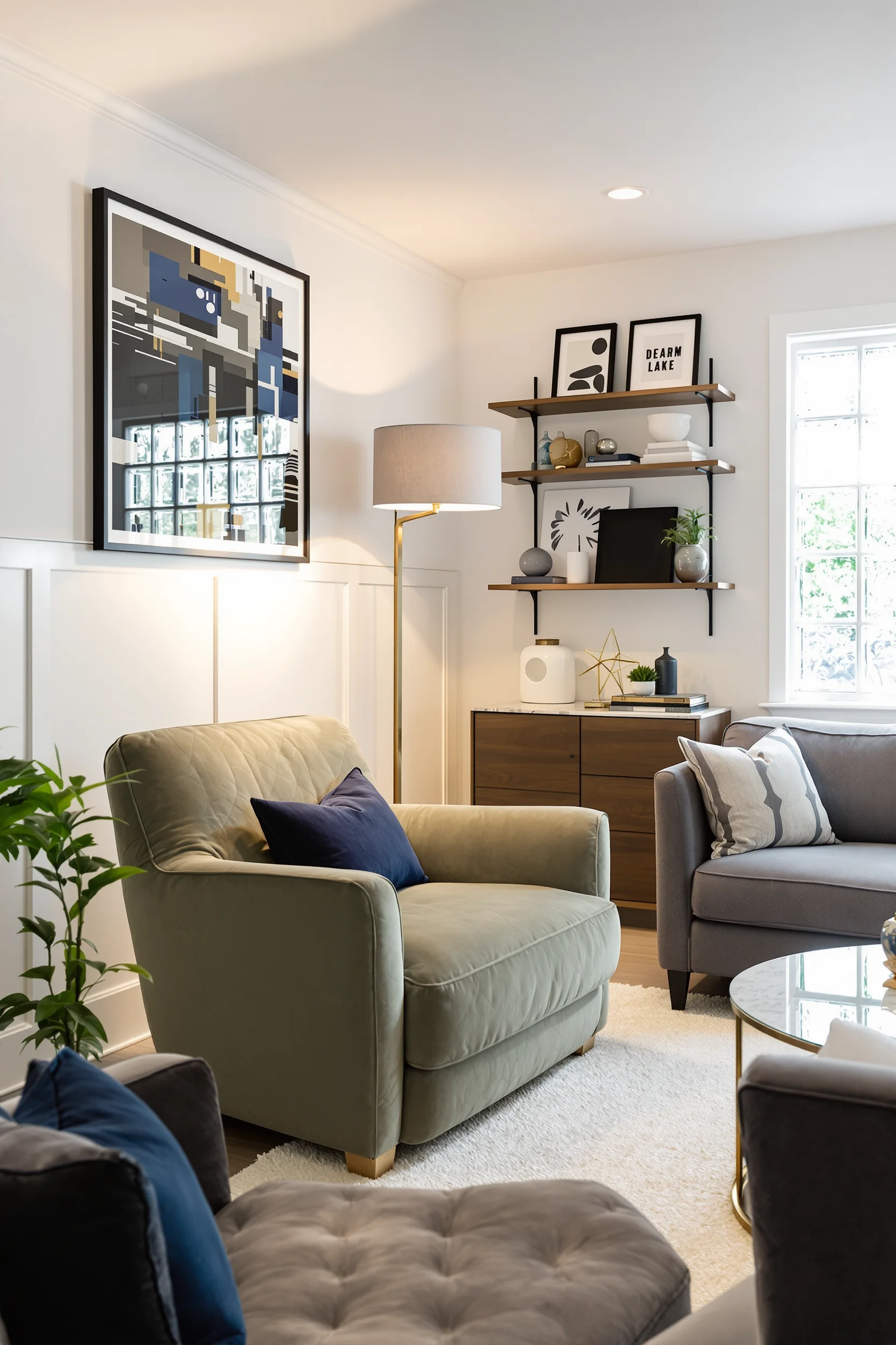 sage green finished basement inspiration with white shiplap paneling recessed lighting and navy throw pillow accents