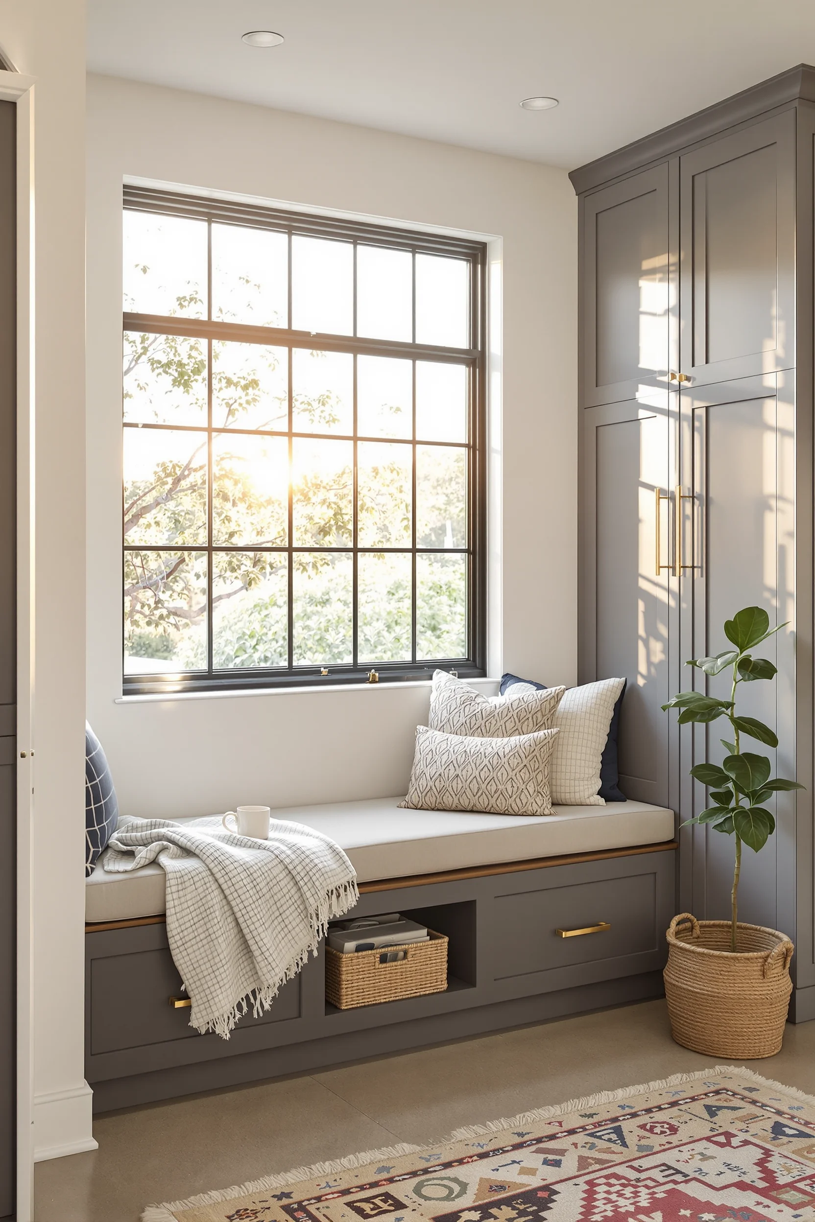 walkout basement barndominium ideas featuring charcoal gray built in storage bench with golden hour light streaming through black frame window