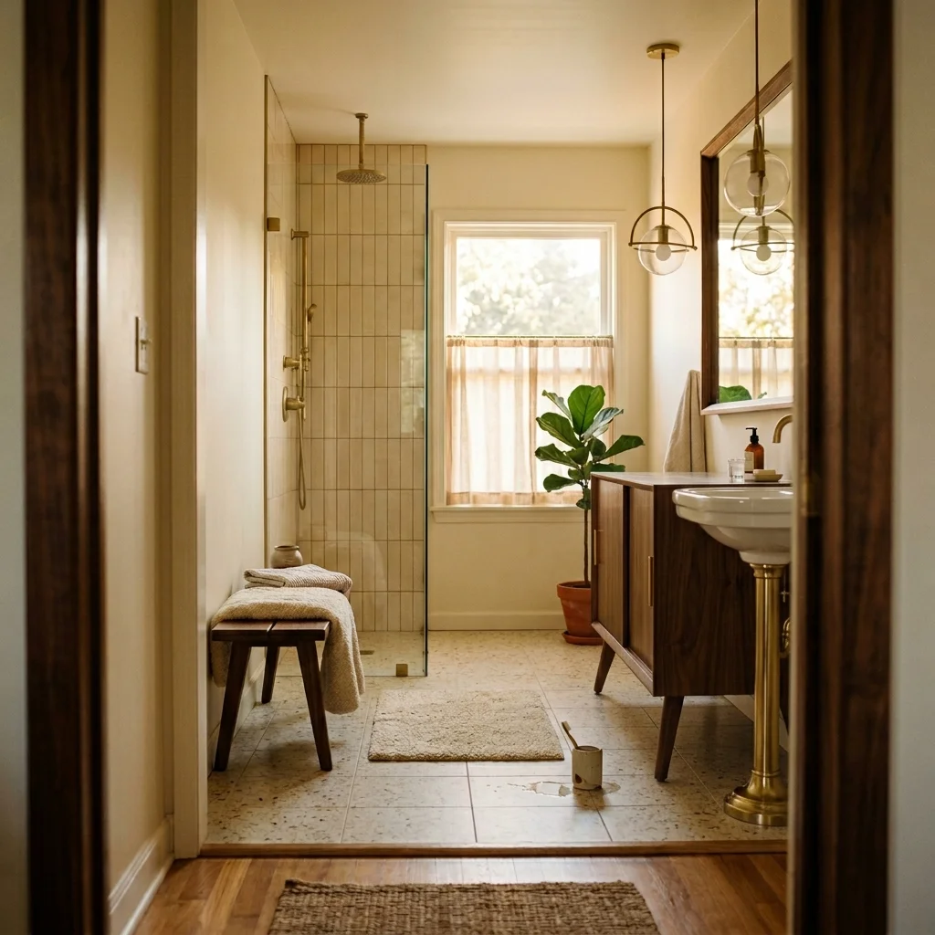 Mid Century Modern Bathroom design featuring warm walnut tones and curated mid century styling