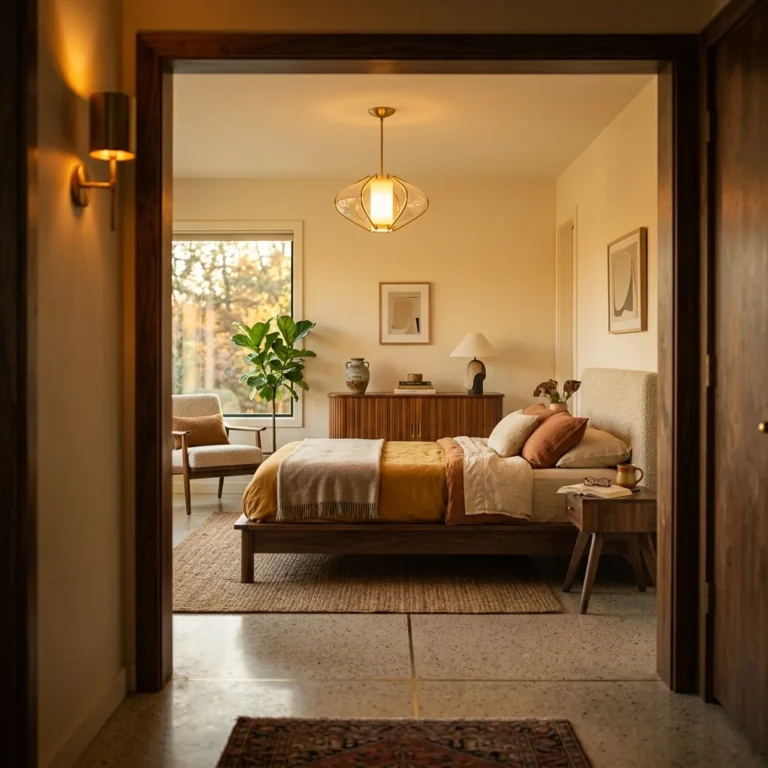 Mid Century Modern Bedroom design featuring warm walnut tones and curated mid century styling