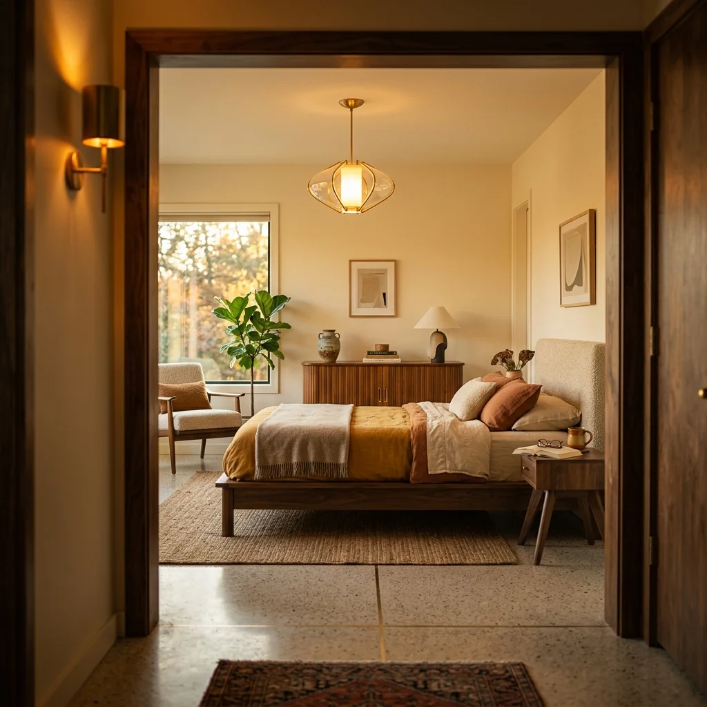 Mid Century Modern Bedroom design featuring warm walnut tones and curated mid century styling