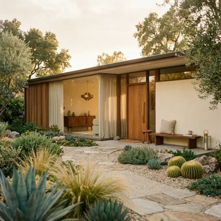 Mid Century Modern House Exterior design featuring clean lines and native landscaping