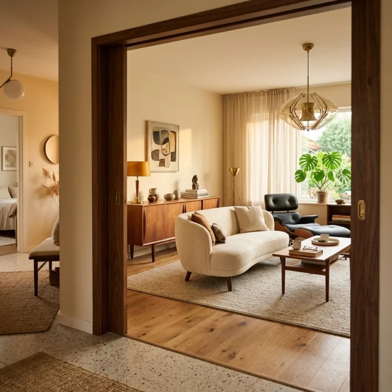 Mid Century Modern Living Room design featuring warm walnut tones and curated mid century styling