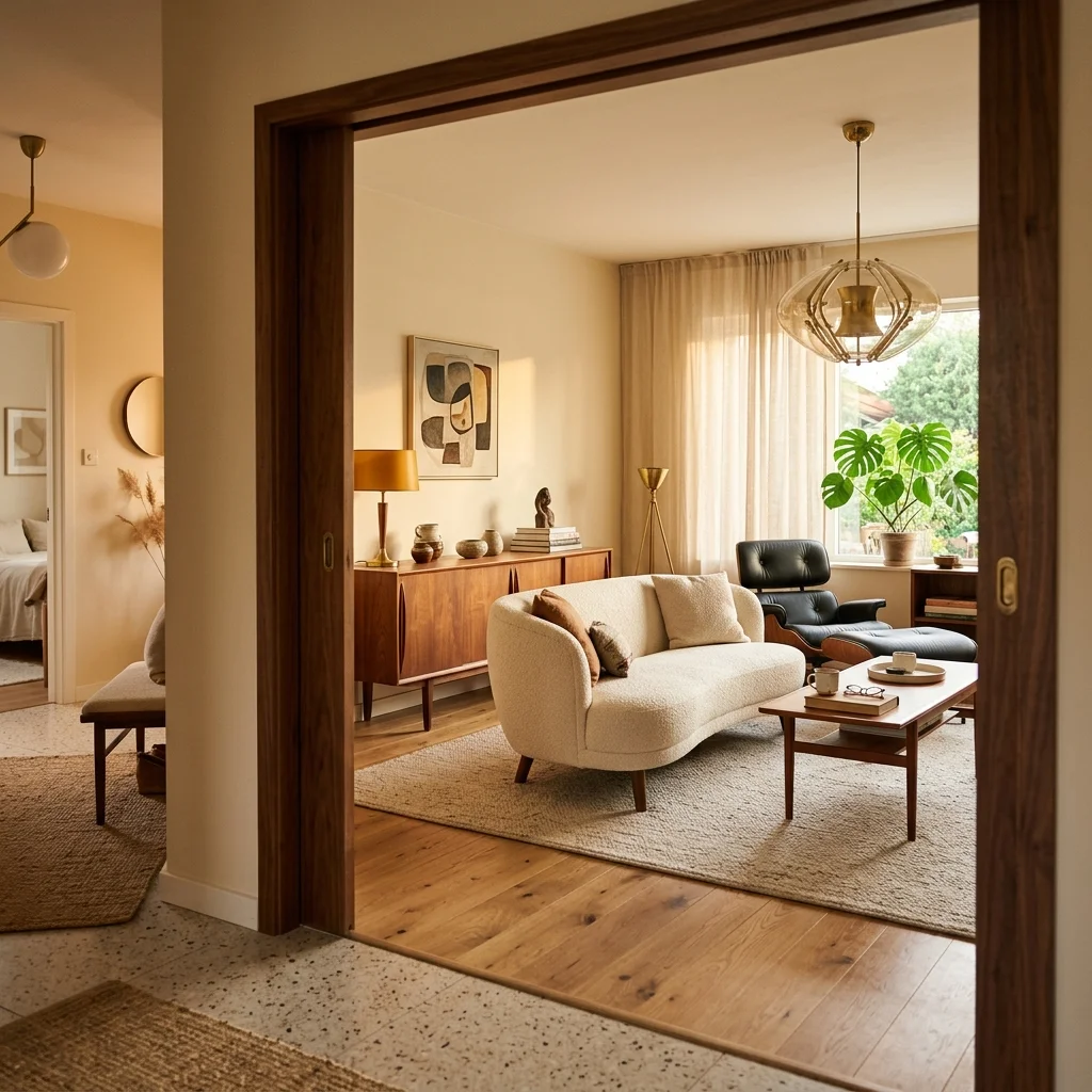 Mid Century Modern Living Room design featuring warm walnut tones and curated mid century styling