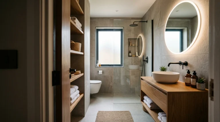 Modern small bathroom design featuring floating oak vanity white vessel sink frameless glass shower and large format porcelain wall tiles
