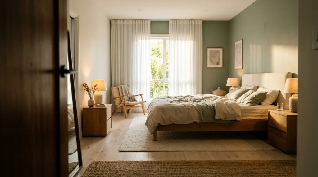 Modern bedroom design featuring warm platform bed with cream linen bedding oak nightstands and soft morning light through sheer curtains
