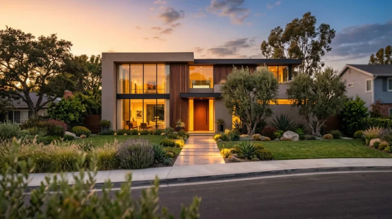 Modern exterior design featuring clean architectural lines with floor to ceiling glass panels warm concrete and dark timber cladding at golden hour