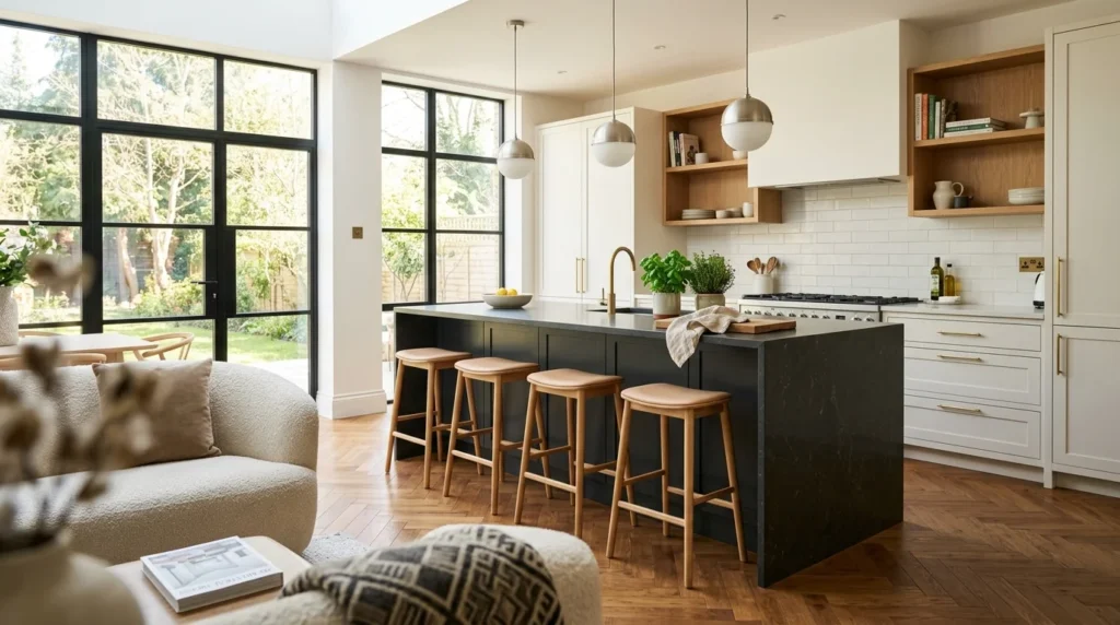 Modern kitchen design featuring clean handleless cabinetry dark stone waterfall island with oak bar stools and brushed brass pendant lights