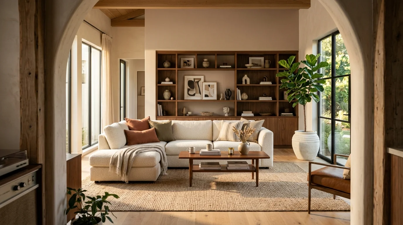 Modern living room design featuring bouclé sectional sofa walnut coffee table on textured jute rug with warm afternoon light and built in shelving