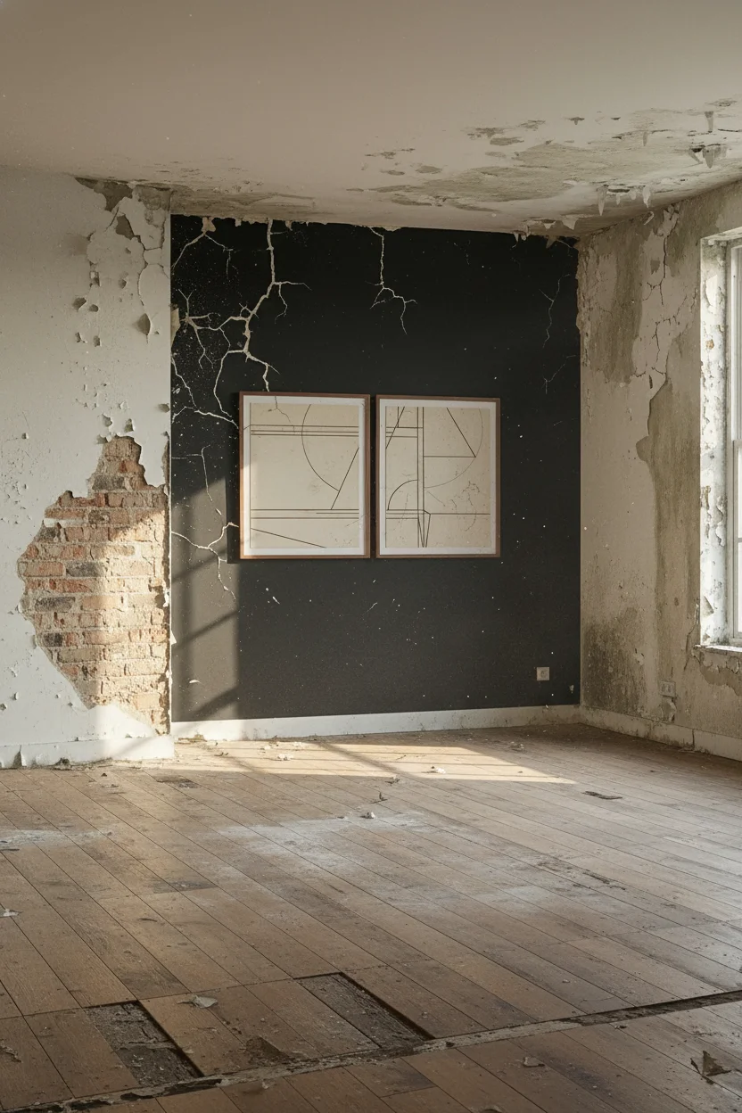 How to design a modern living room featuring brown sofa with black feature wall and copper accents empty room