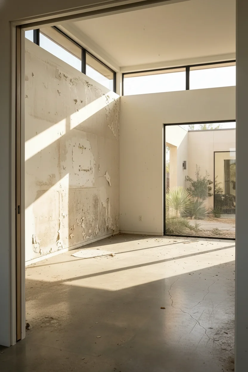 How to design a modern living room featuring black ash-framed sectional with Snoopy table lamp and gallery artwork empty room