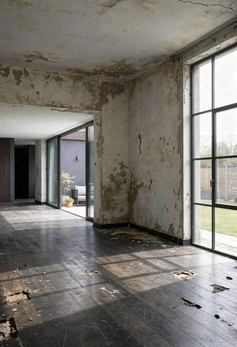 How to design a modern living room featuring gray sculptural sofa with charcoal walls and brown lounge chair empty room