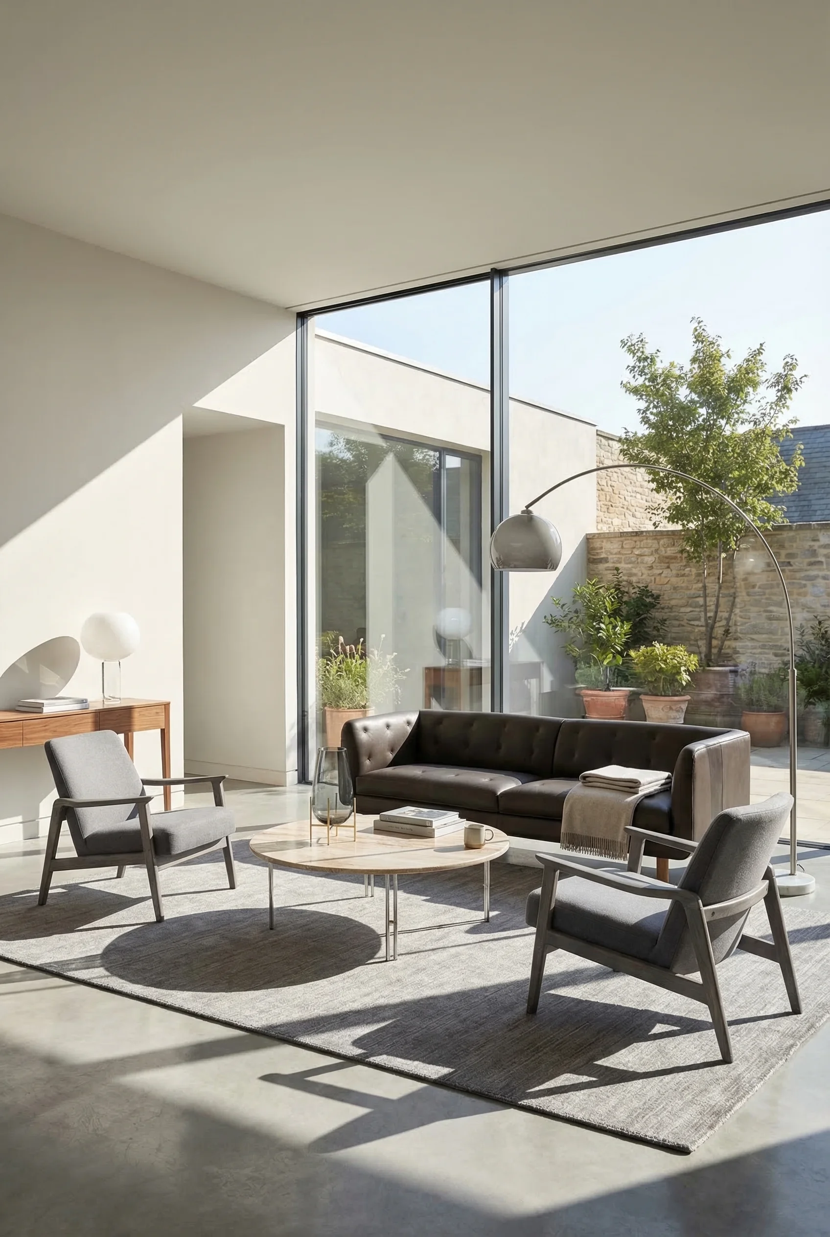 How to design a modern living room featuring black leather sofa with round marble coffee table