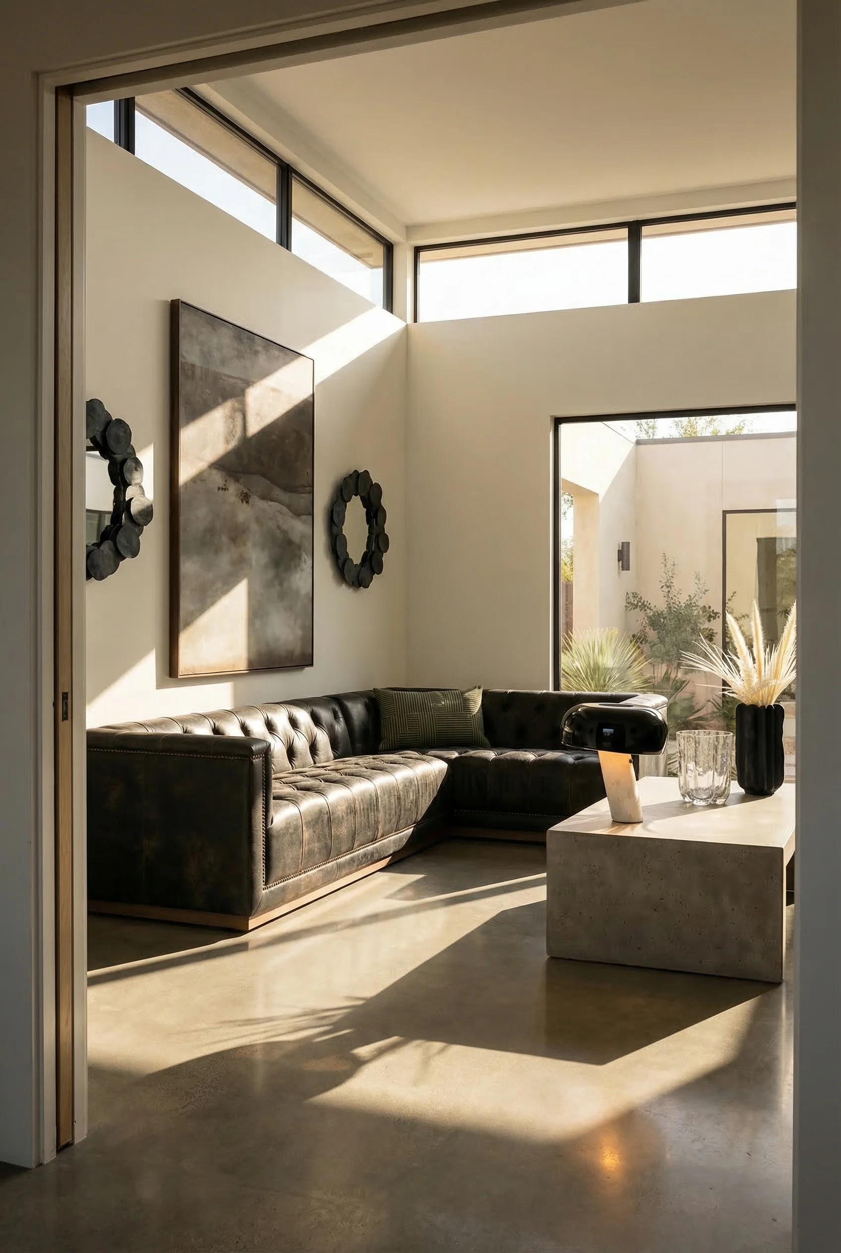 How to design a modern living room featuring black ash-framed sectional with Snoopy table lamp and gallery artwork