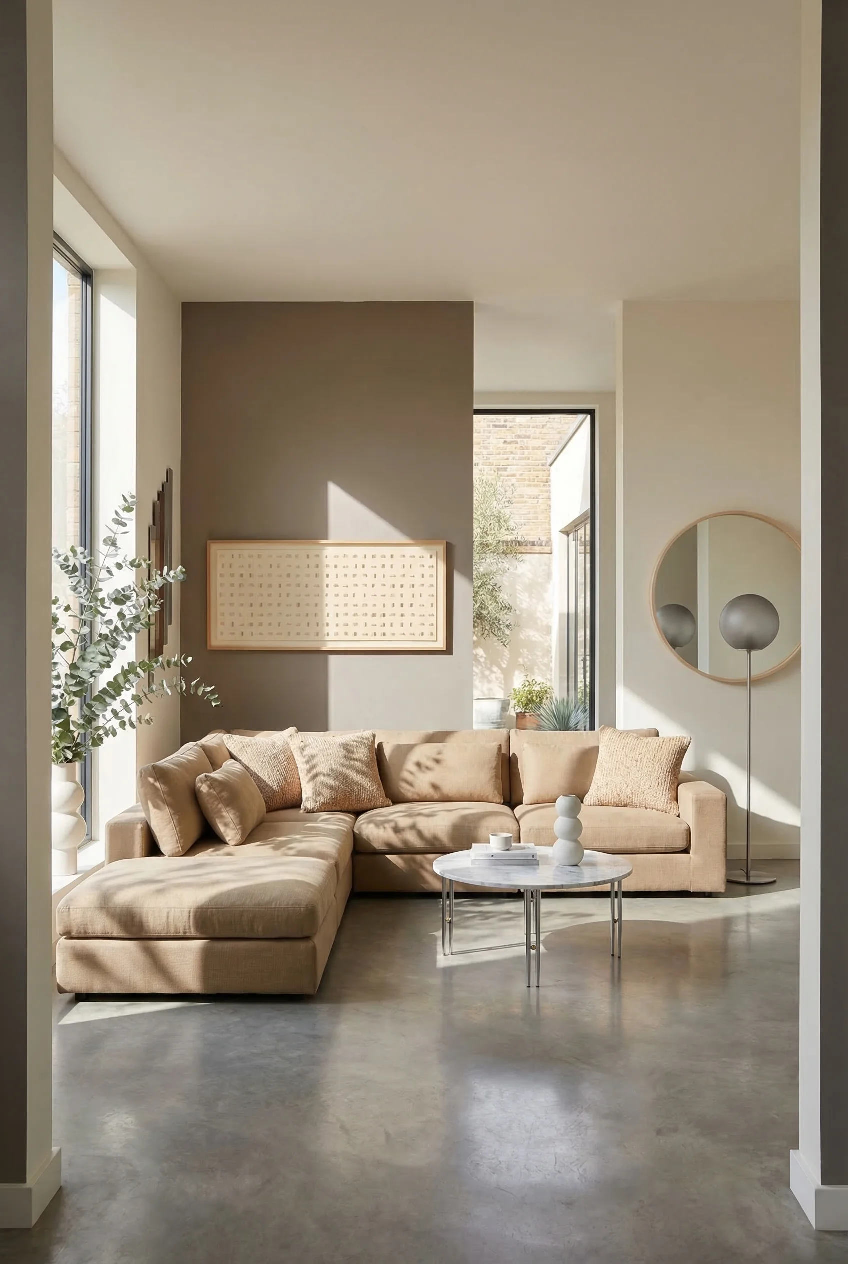 How to design a modern living room featuring tan linen sectional with round marble coffee table