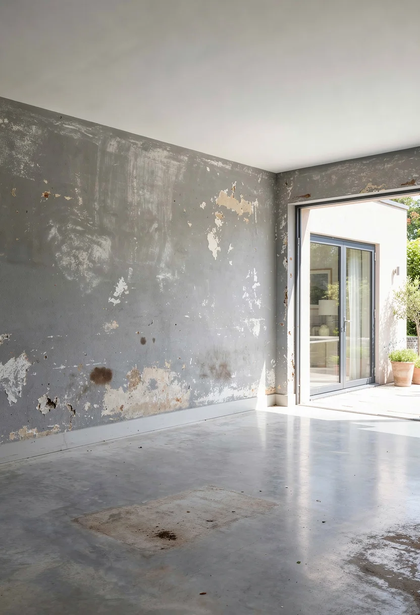 How to design a modern living room featuring gray fabric sofa with monochrome textile art empty room