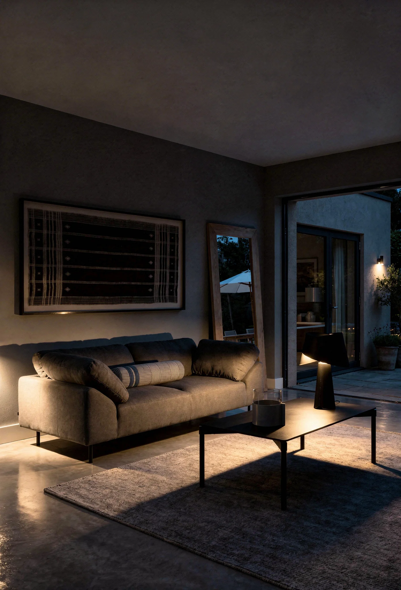 How to design a modern living room featuring gray fabric sofa with monochrome textile art evening mood