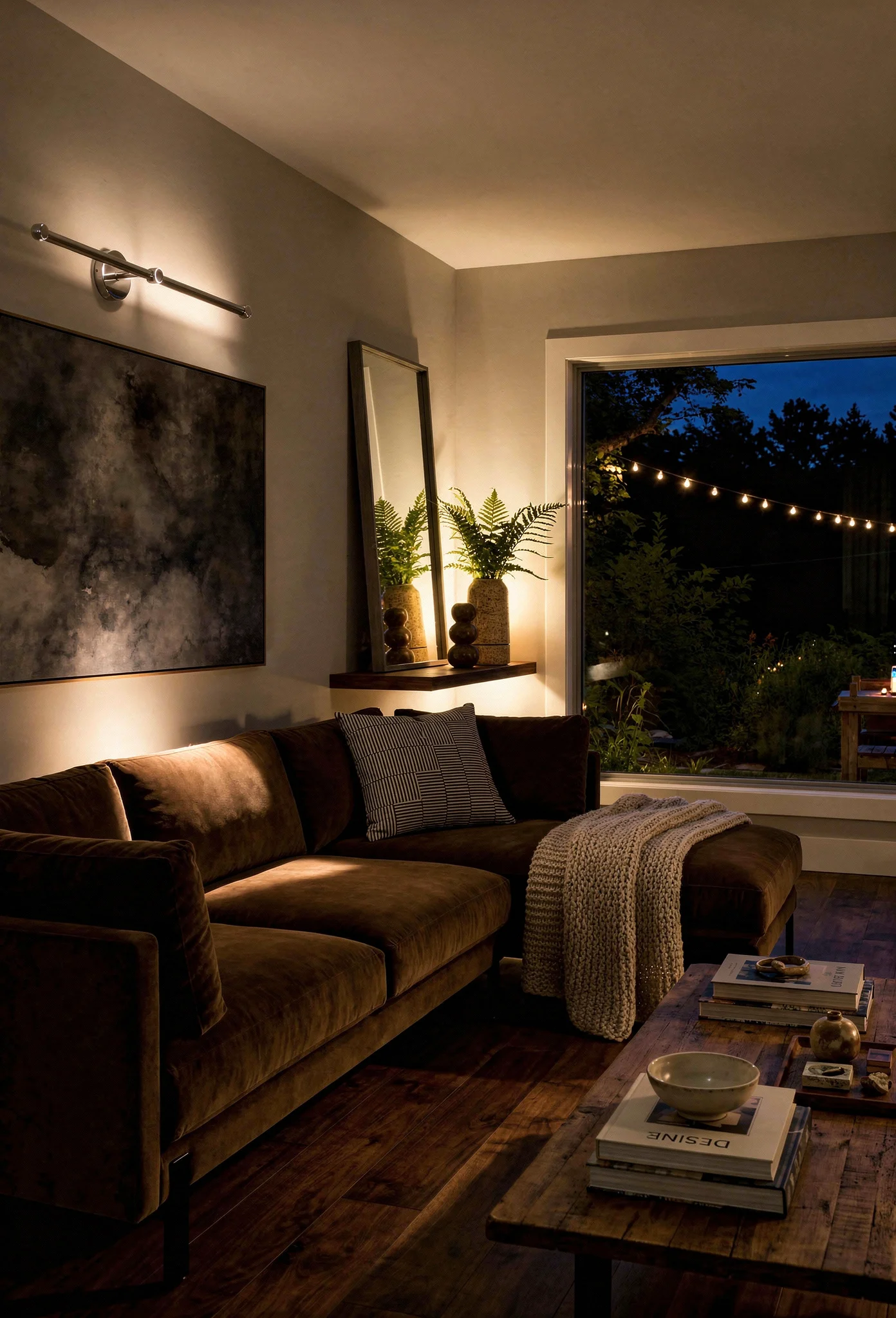 How to design a modern living room featuring brown velvet sectional with stoneware vases and abstract wall art evening mood