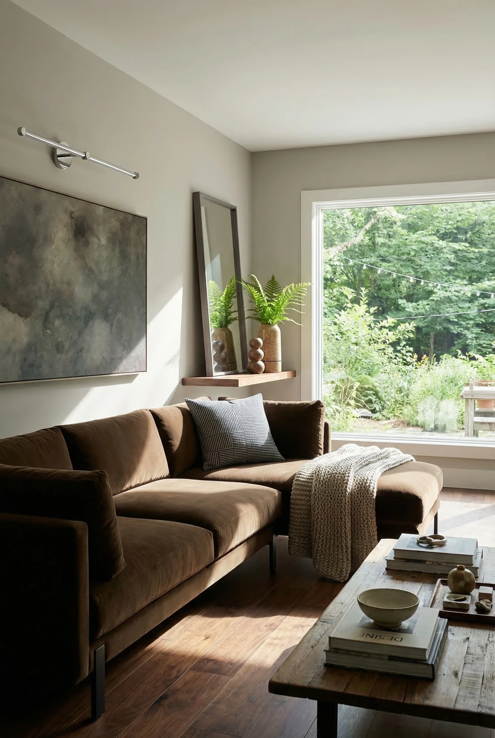 How to design a modern living room featuring brown velvet sectional with stoneware vases and abstract wall art