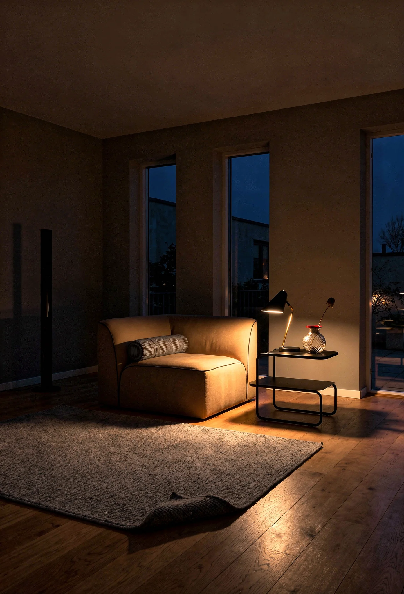 How to design a modern living room featuring tan modular corner sofa with taupe walls and black metal accents evening mood