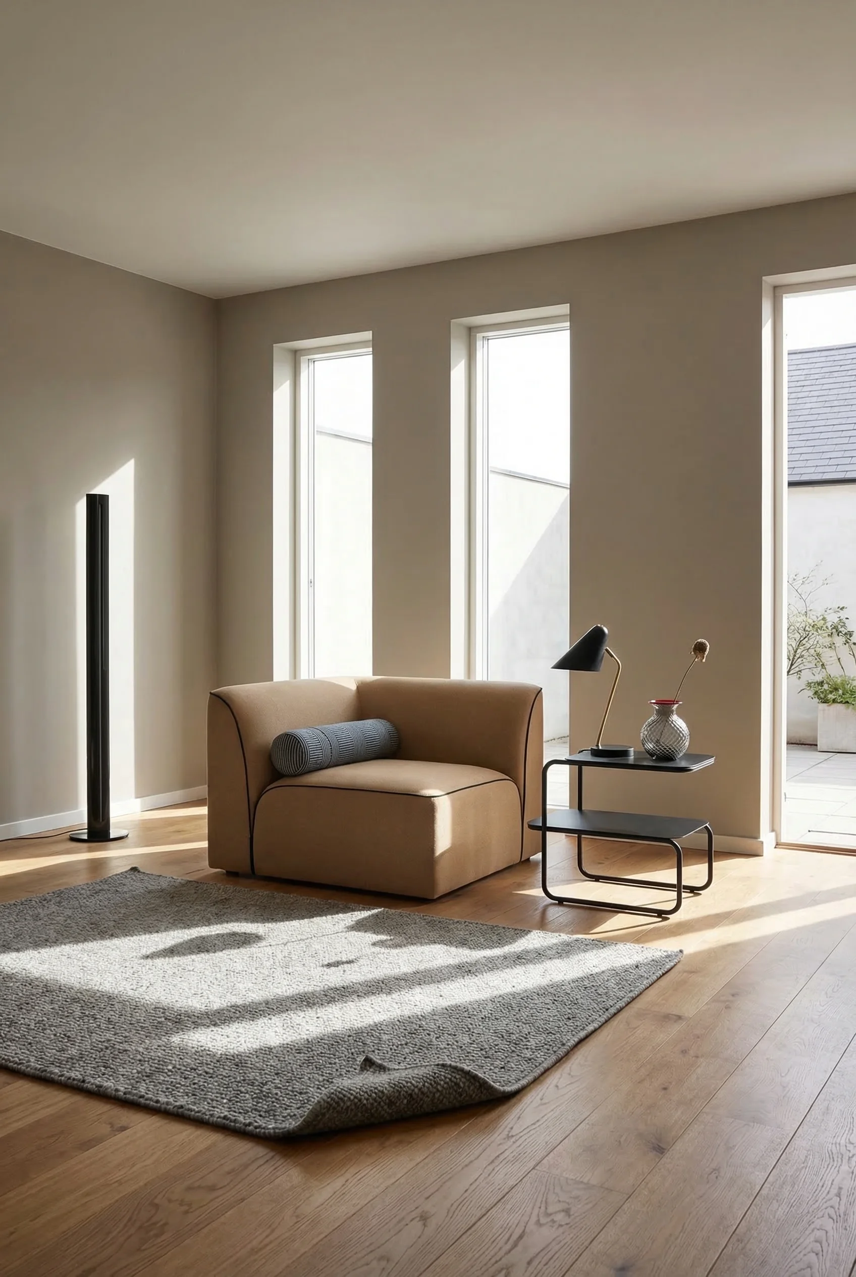 How to design a modern living room featuring tan modular corner sofa with taupe walls and black metal accents