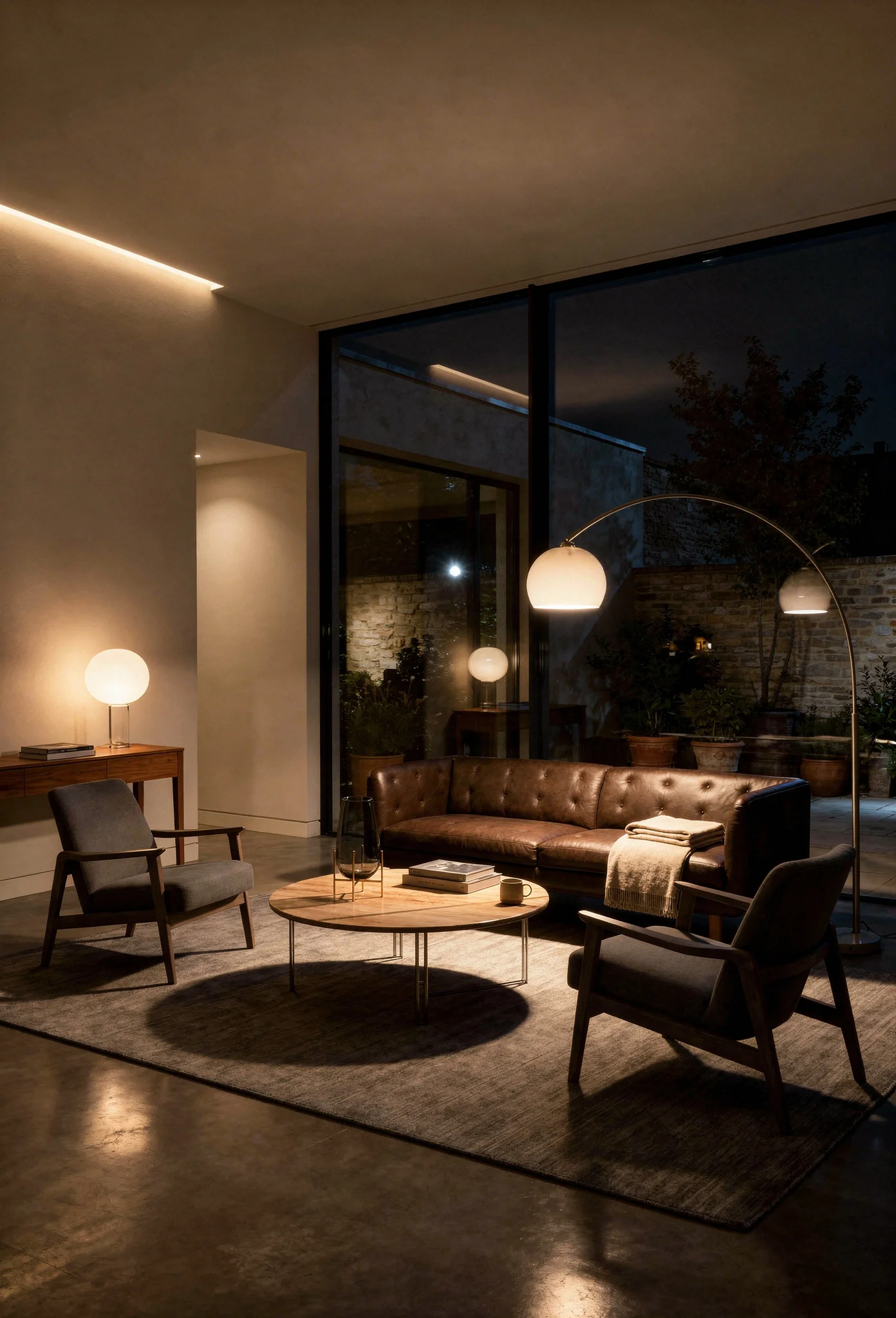 How to design a modern living room featuring black leather sofa with round marble coffee table evening mood