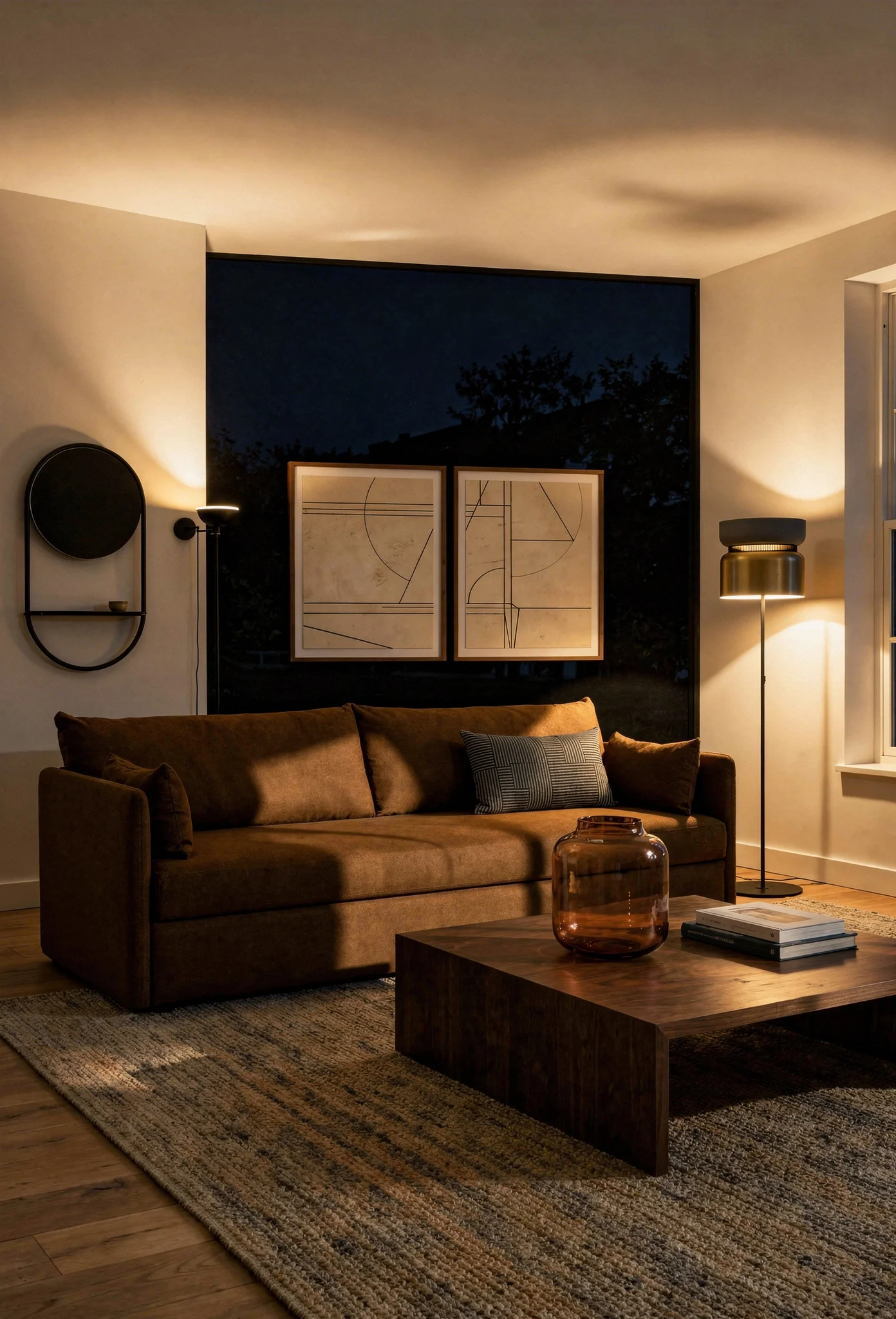 How to design a modern living room featuring brown sofa with black feature wall and copper accents evening mood