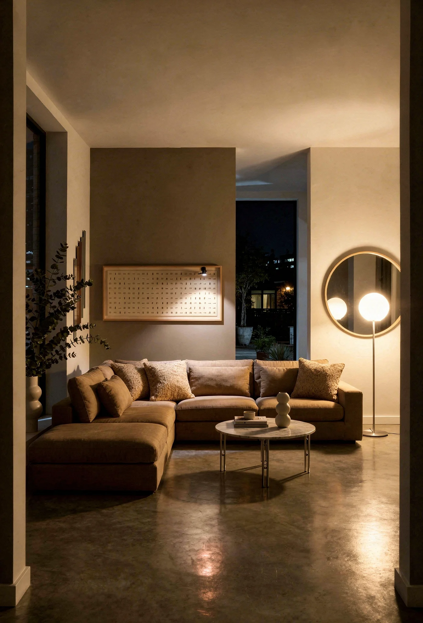 How to design a modern living room featuring tan linen sectional with round marble coffee table evening mood