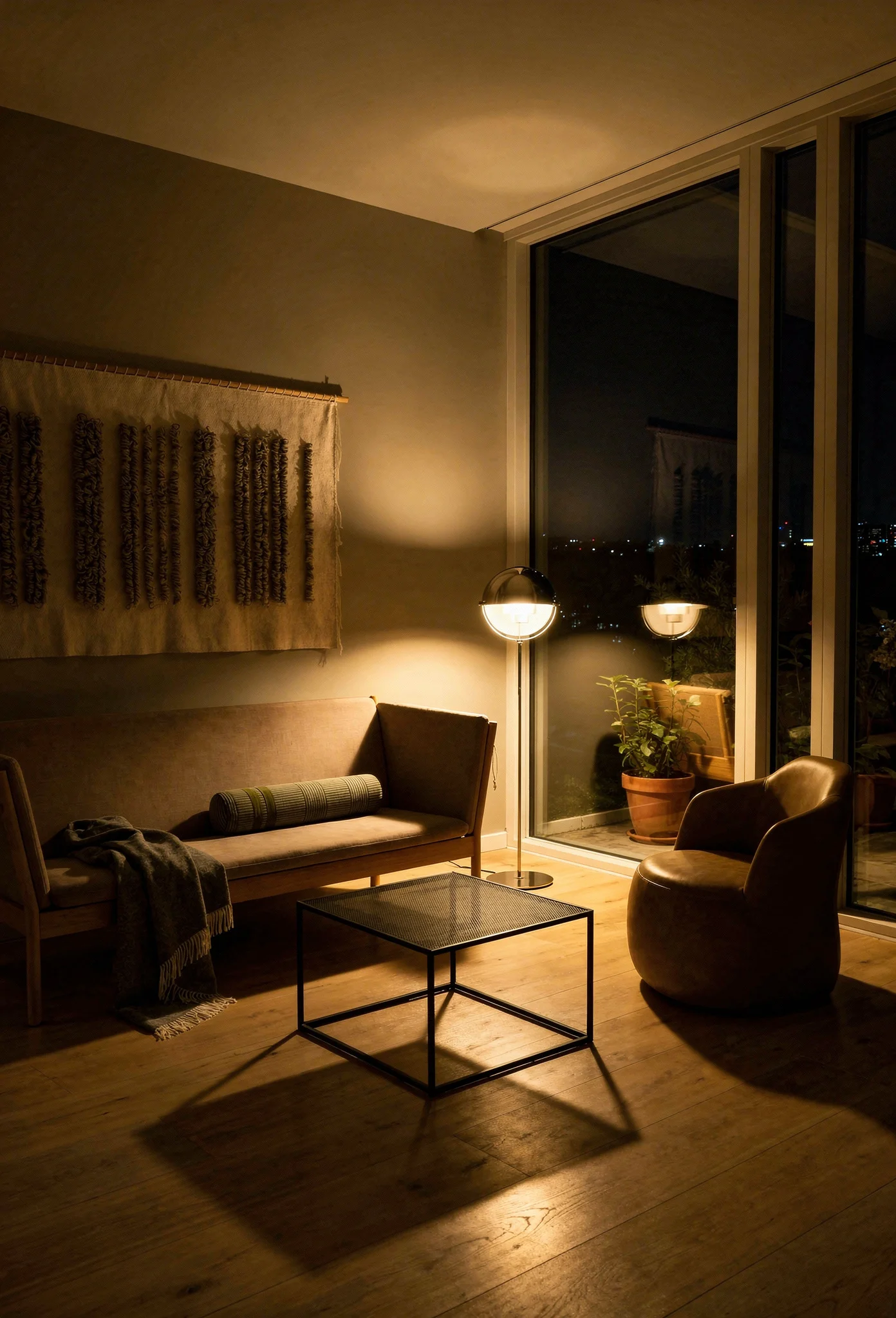 How to design a modern living room featuring tan low-profile sofa with black mesh coffee table and chrome floor lamp evening mood