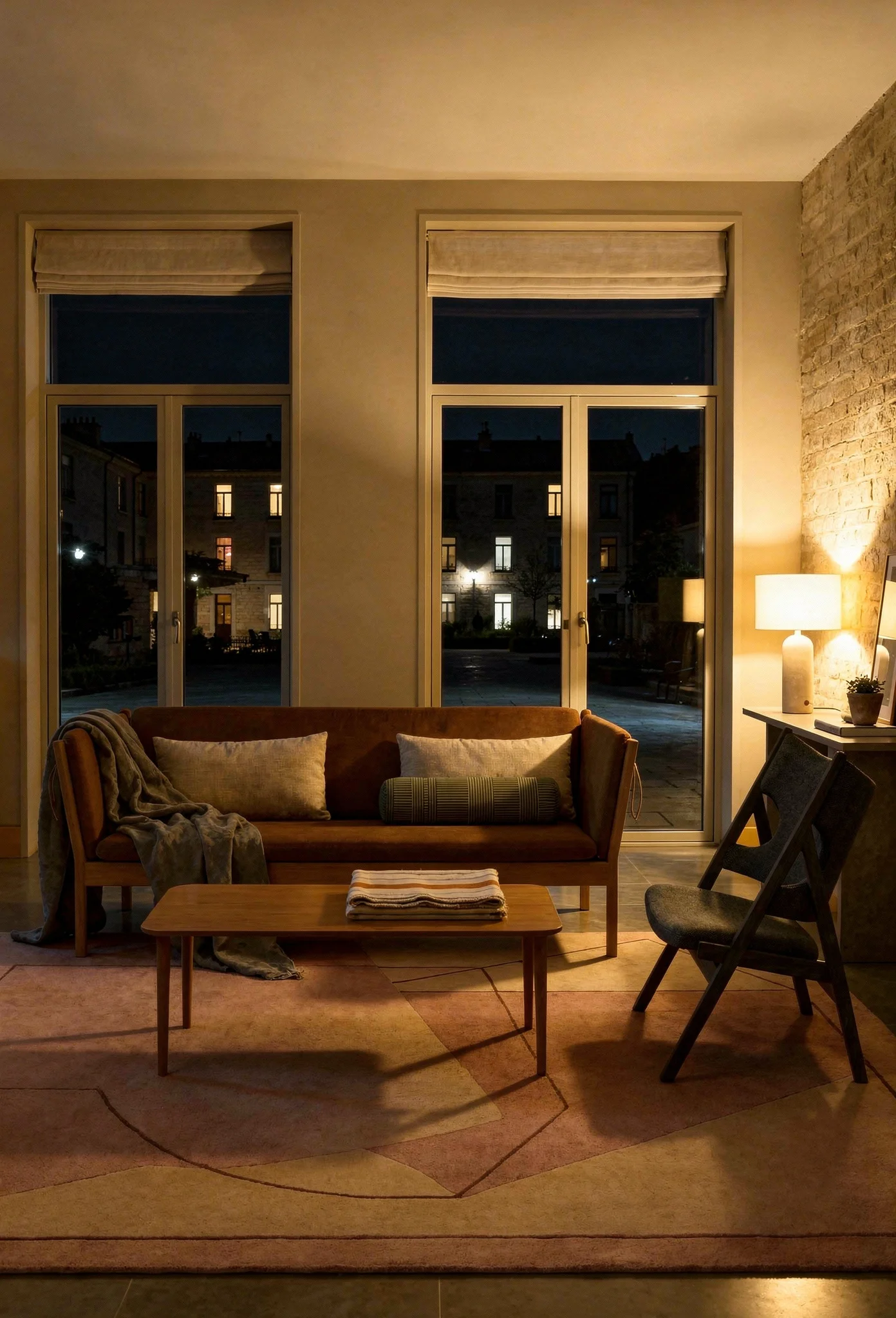 How to design a modern living room featuring tan fabric sofa with oak coffee table and stone lamp evening mood