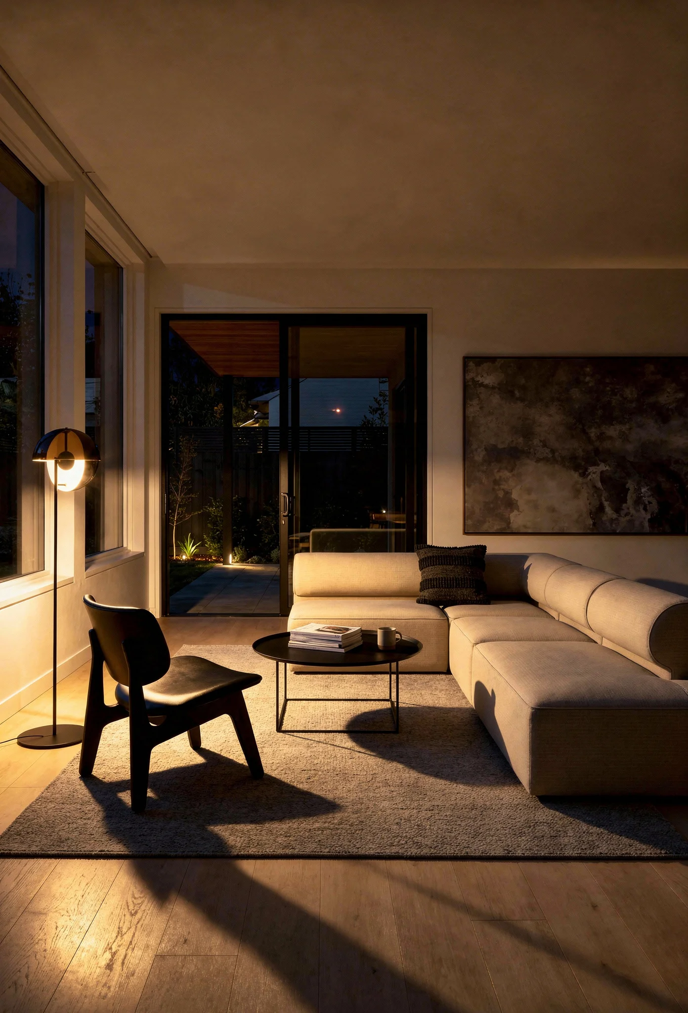 How to design a modern living room featuring white modular sofa with black iron coffee table and abstract wall art evening mood