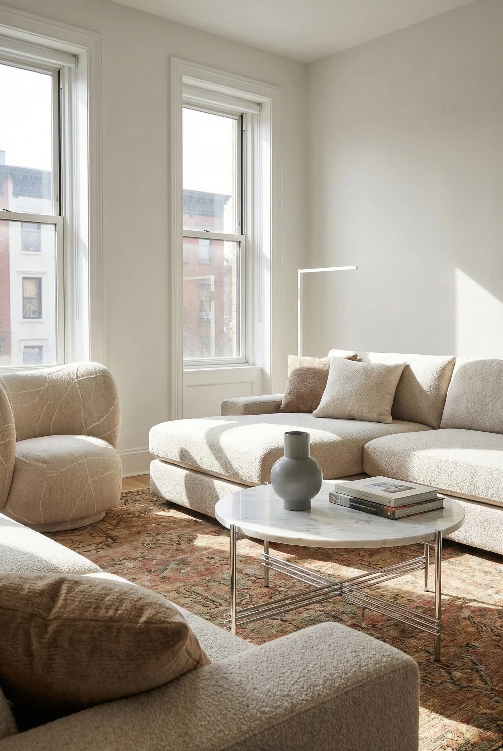How to design a modern living room featuring ivory chaise sofa with round marble coffee table