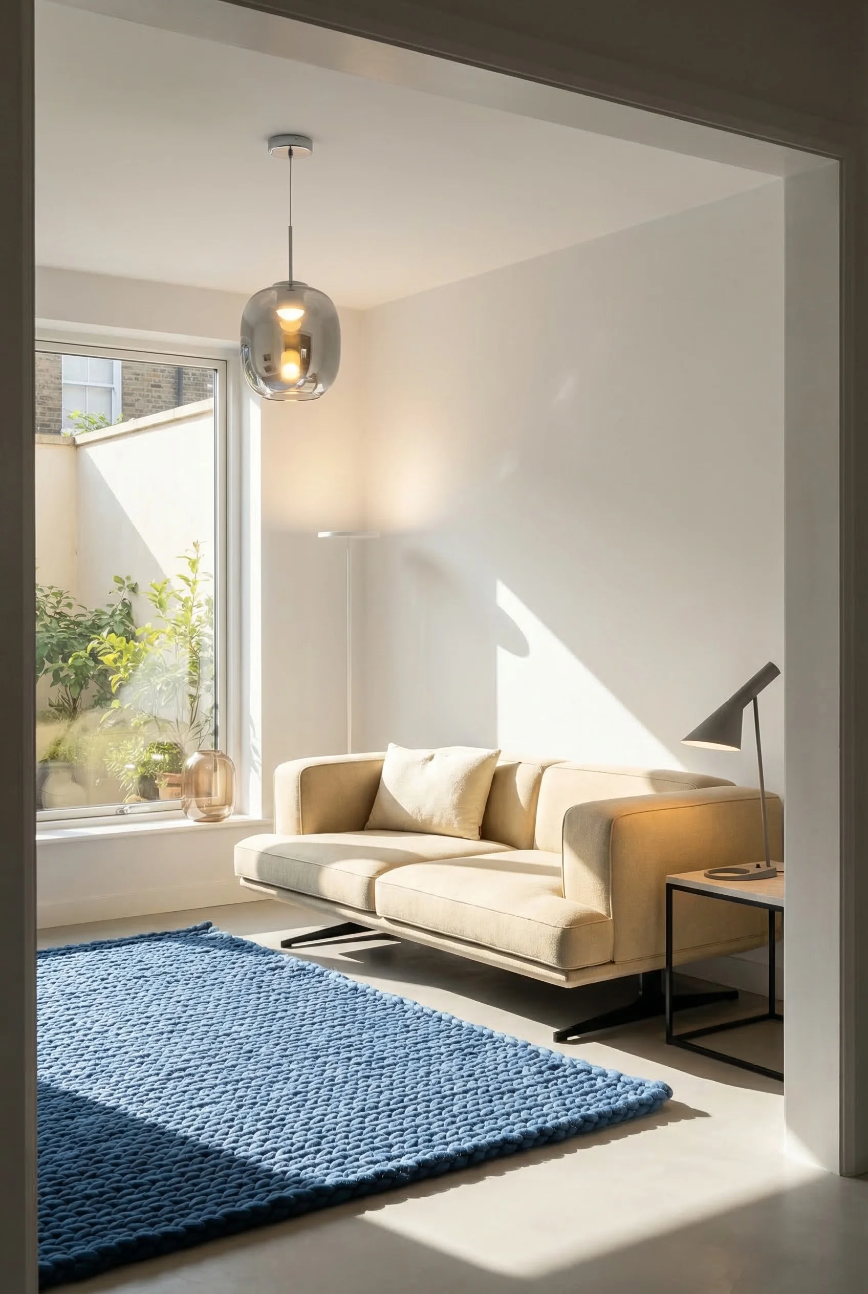 How to design a modern living room featuring black steel sofa with layered glass pendant and floor lamp lighting